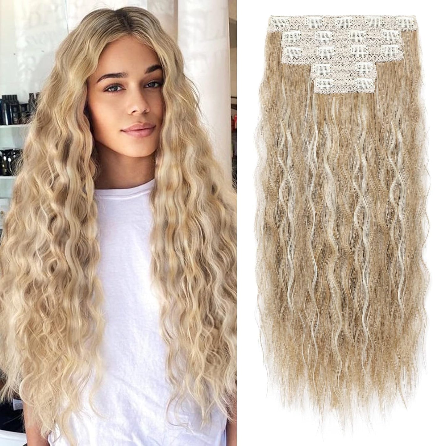 Blonde Clip-In Hair Extensions - 24" Thick Loose Waves | Natural Soft Hairpieces for Women - Platinum Blonde