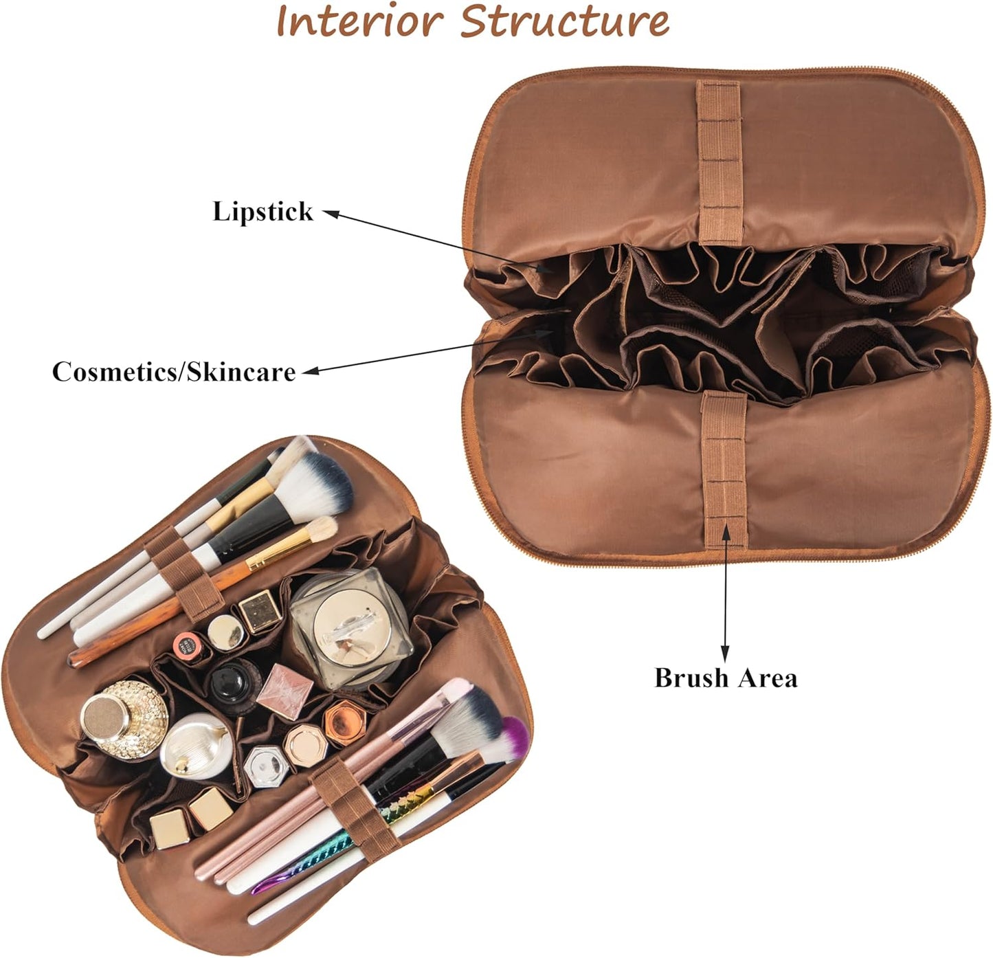 Travel Makeup Bag - Waterproof Stand Up Cosmetic Organizer with Brush Holders | Medium Brown, Fold-Down Design for Skincare & Toiletries