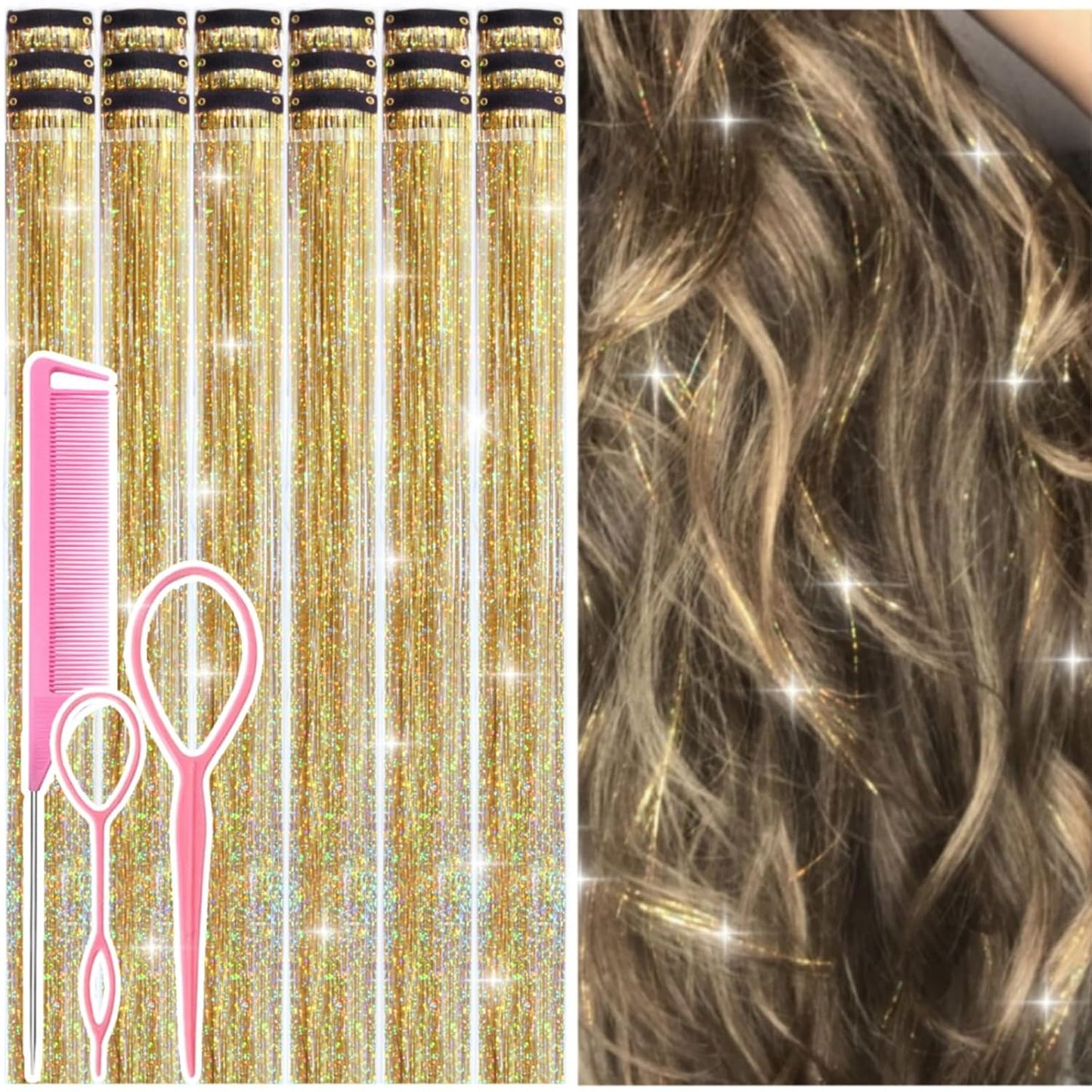 Hair Tinsel Kit - 12 Pcs Colorful Glitter Clip-In Extensions | 24 Inch for Girls, Women & Kids