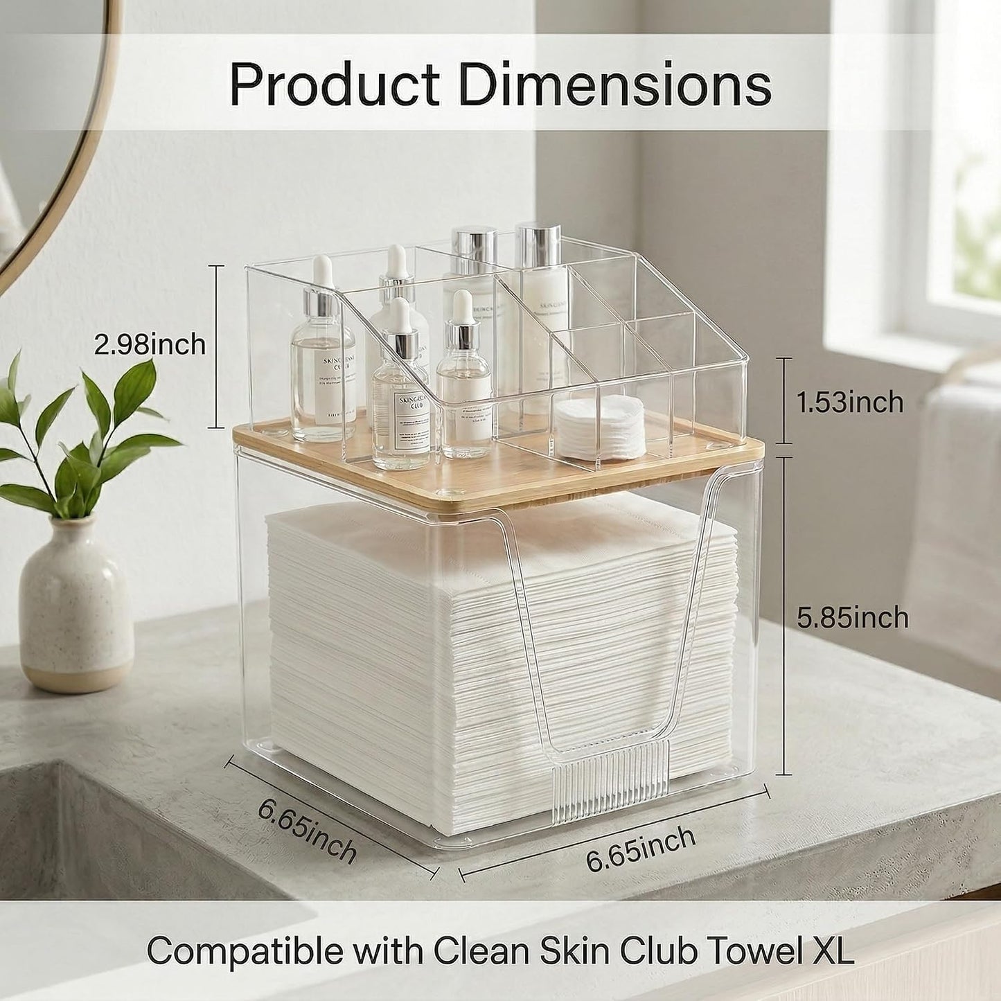 Disposable Facial Towels Holder - Bamboo Lid & Clear Acrylic Organizer | Stackable Vanity Storage for Clean Skin Club Towel XL