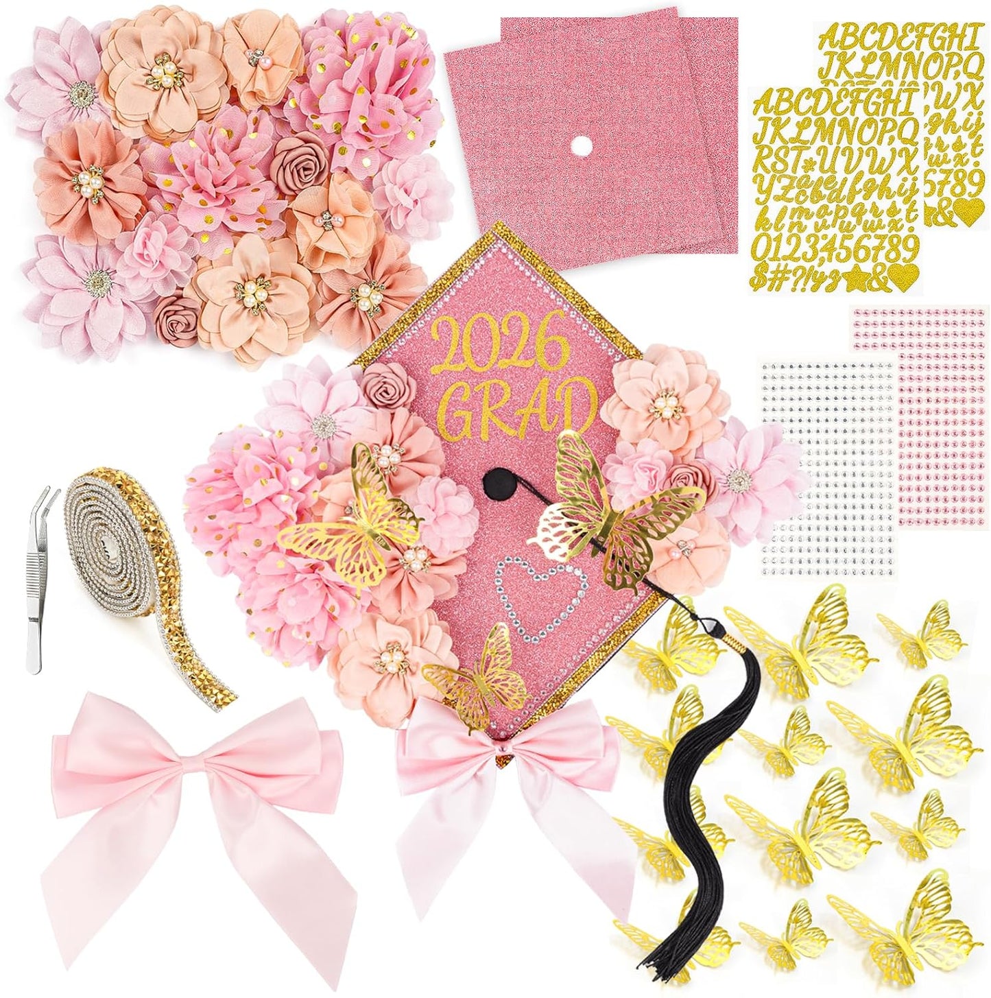 Graduation Cap Decorations Kit 2026 - DIY 36PCS Floral & Rhinestone Set | Pink 3D Butterflies & Alphabet Stickers