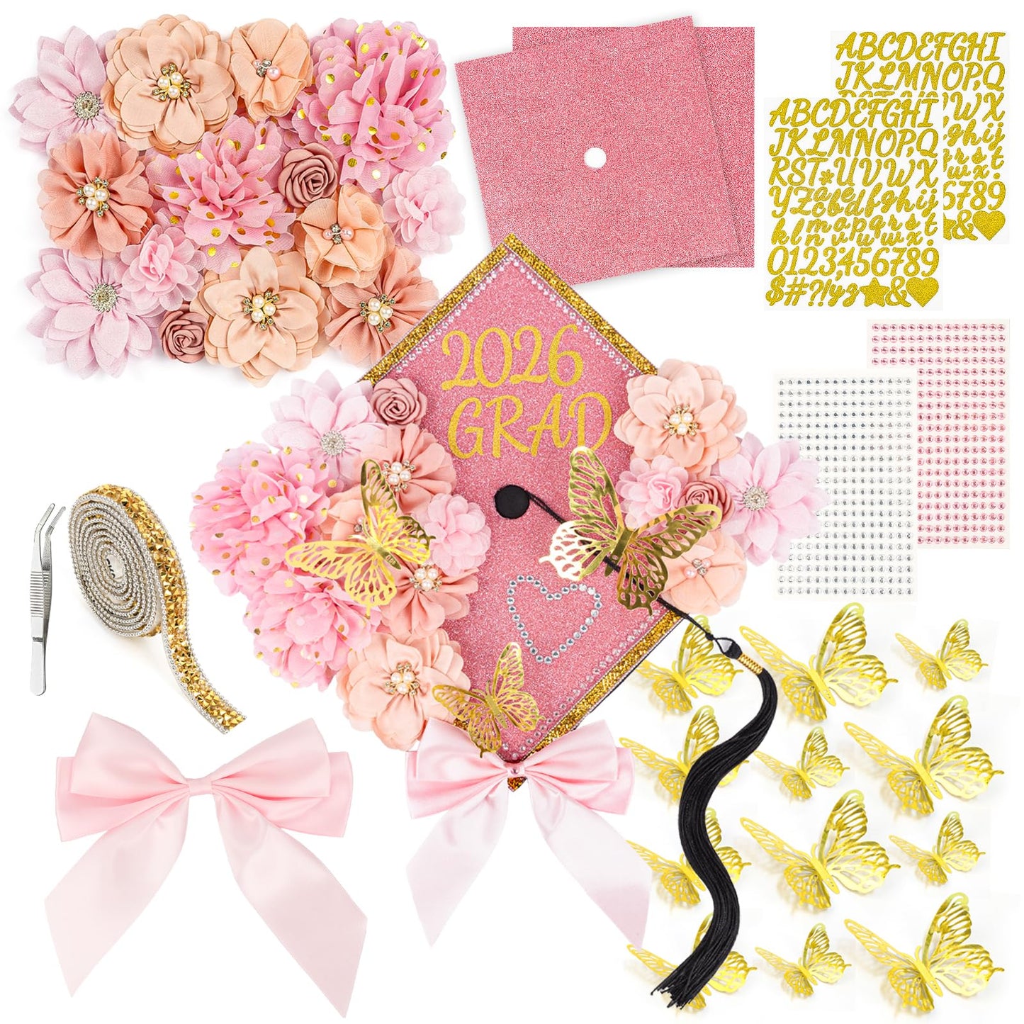 Graduation Cap Decorations Kit 2026 DIY Cap Decorations 36PCS Included Fake Flowers Heads Bow 3D Butterfly Self Adhesive Rhinestones Stickers Alphabet Letter Stickers for Grad Party Decor, Pink