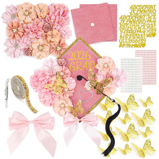 Graduation Cap Decorations Kit 2026 DIY Cap Decorations 36PCS Included Fake Flowers Heads Bow 3D Butterfly Self Adhesive Rhinestones Stickers Alphabet Letter Stickers for Grad Party Decor, Pink