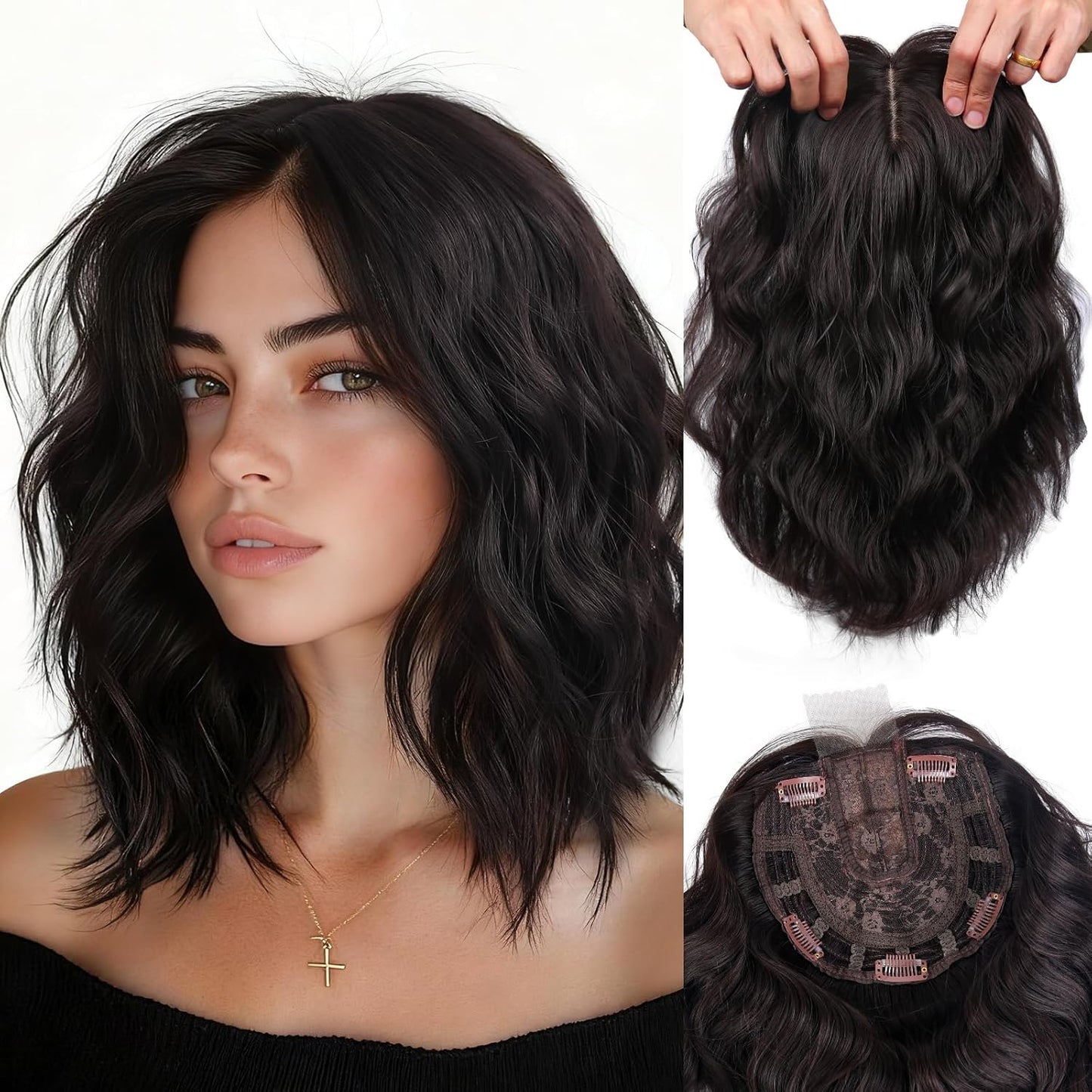 Hair Topper for Women - 11 Inch Short Wavy Synthetic Hairpiece | Heat Resistant, 6.5"x6.5" Base for Thinning Hair