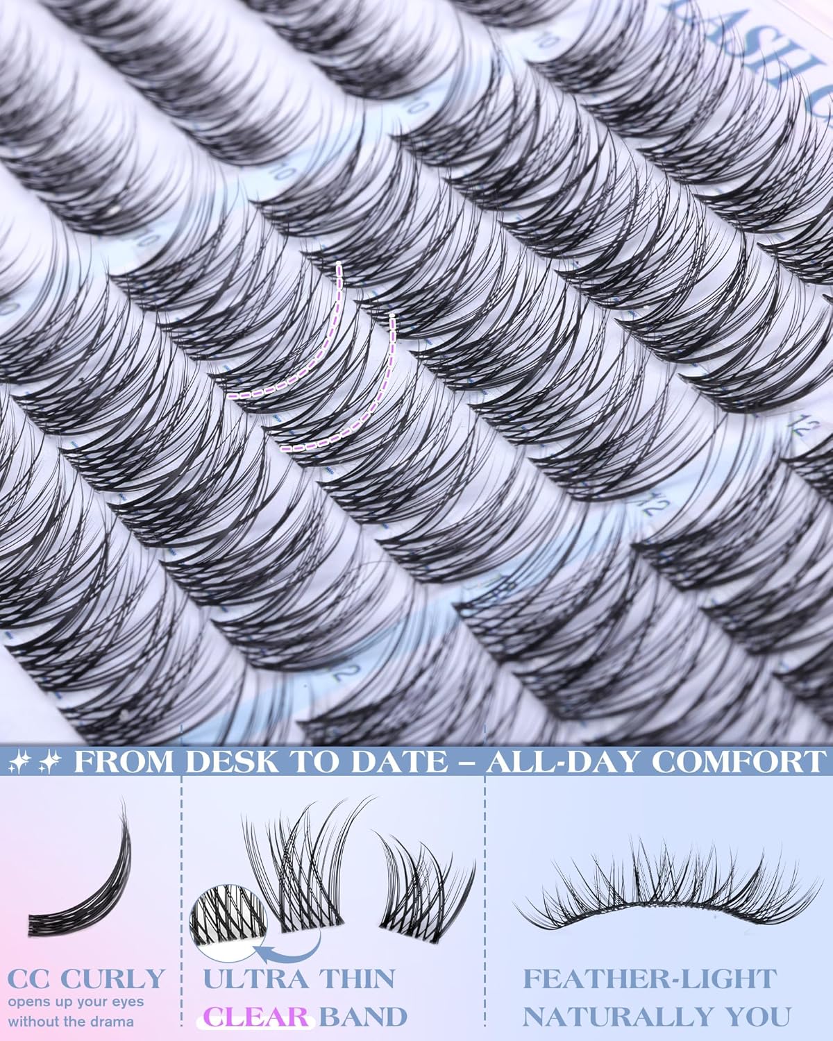 Natural CC-Curly Cluster Lashes - Wispy Eyelash Extensions with Clear Band | 10-14MM Individual DIY Lashes