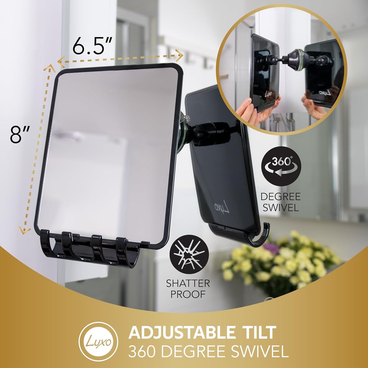 Fogless Shower Mirror for Shaving - Shatterproof Design with Removable Razor Holder | Powerful Suction Cup (Black)