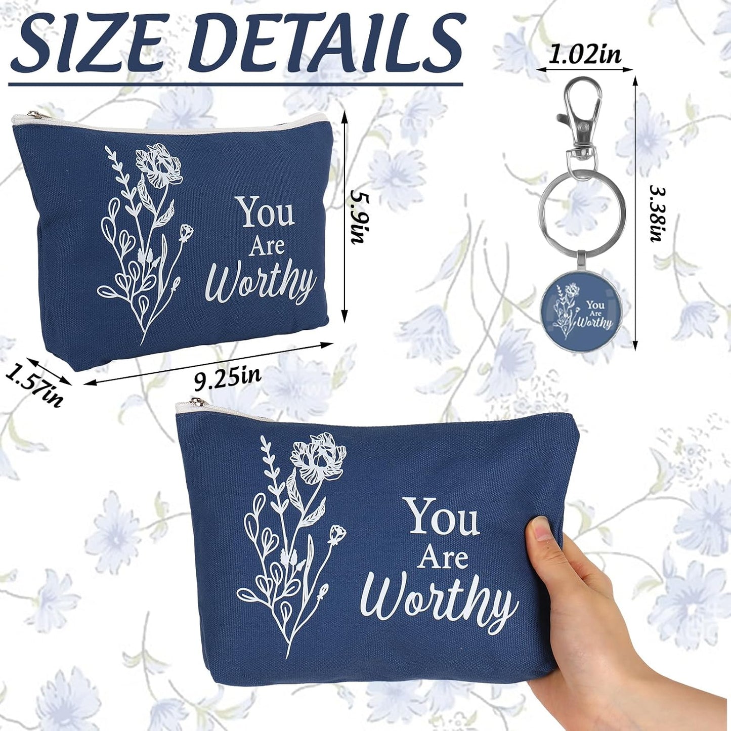 Inspirational Canvas Makeup Bag Set - 20Pcs Employee Appreciation Gifts for Women | Boho Botanical Design, Travel Pouch with Keychains