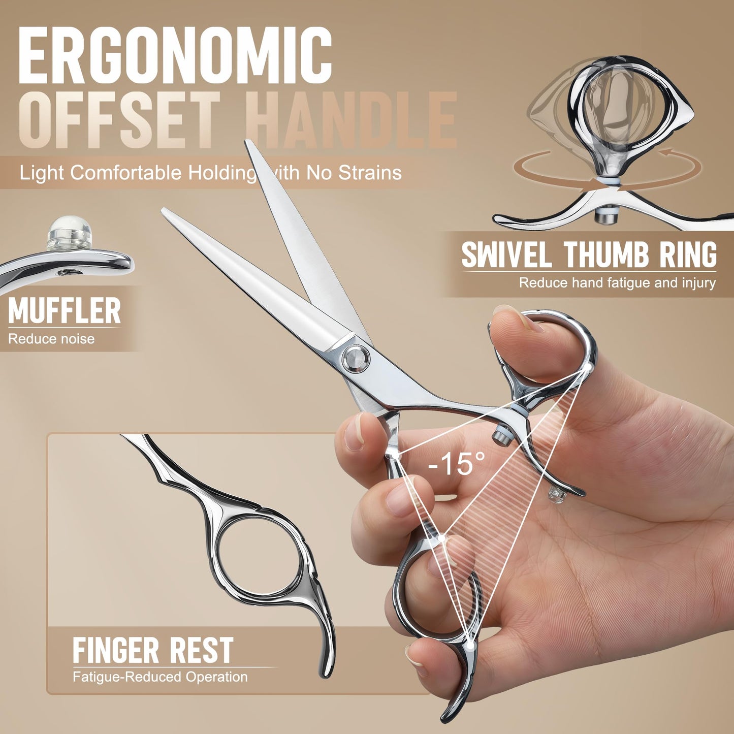Dream Reach Swivel Thumb Shears - 360° Swivel Thumb Ring Hair Cutting Scissors Professional Razor Edge Japanese 440C Stainless Steel Silver