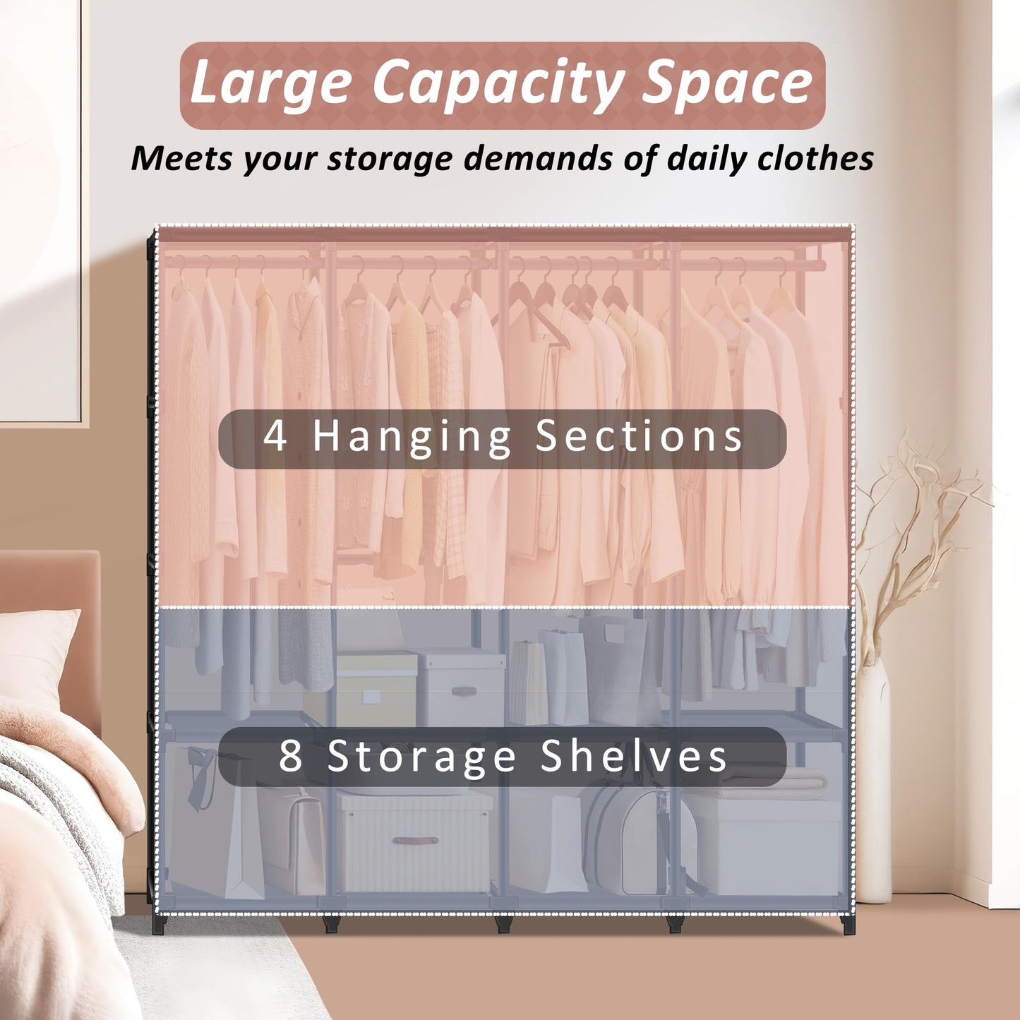 Jofuler Wardrobe Closet, Quick and Easy Assembly, Black Large Capacity Portable Closet with 4 Hanging Rods 8 Storage Shelves and 8 Side Pockets, Clothes Rack with Cover, for Bedroom and Living Room