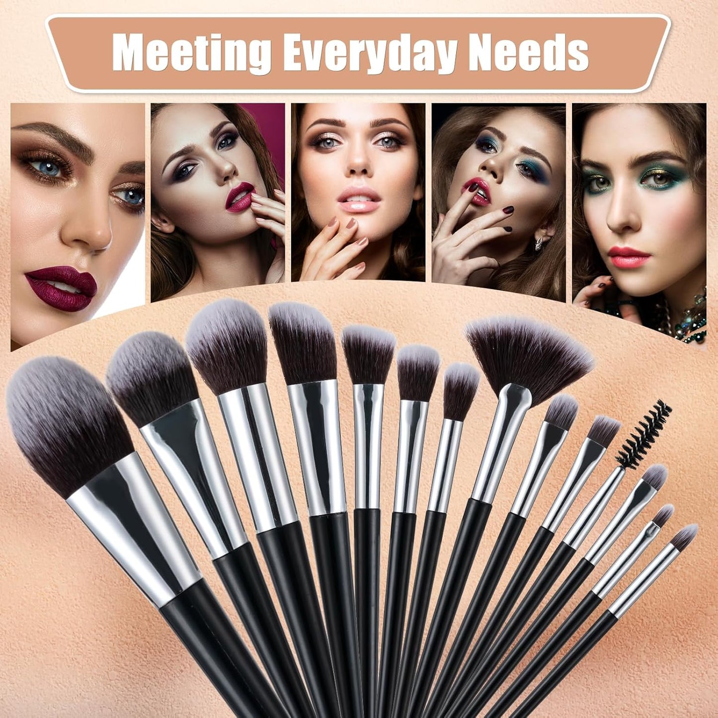 Professional Makeup Brush Set - 14 Pcs Eye & Face Brushes with PU Bag | Black