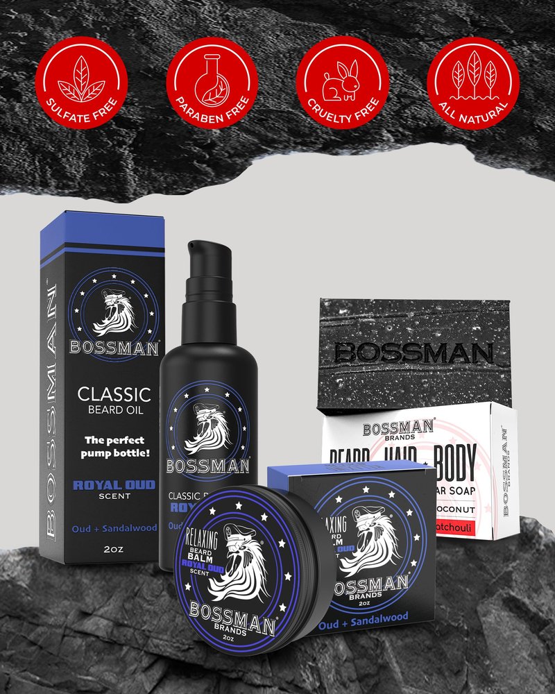 Bossman Starter Beard Kit for Men – Beard Oil (2 oz), Beard Balm & Bar Soap – Natural & Organic Grooming Kit – Made in the USA Men Gift Set (Royal Oud Scent)