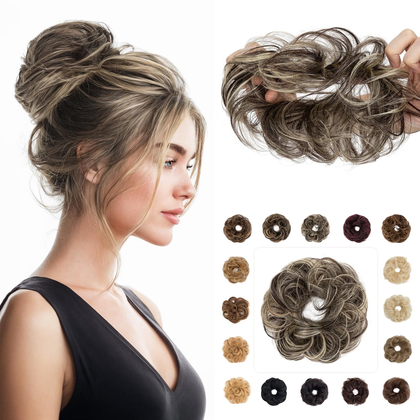 Rich Choices Human Hair Messy Bun Hair Piece for Women, 100% Remy Human Hairs,Chignon Fluffy Donut Updo with Elastic Rubber Band for Girl Wavy #1BP613R Natural Black Mix Blenach Blonde