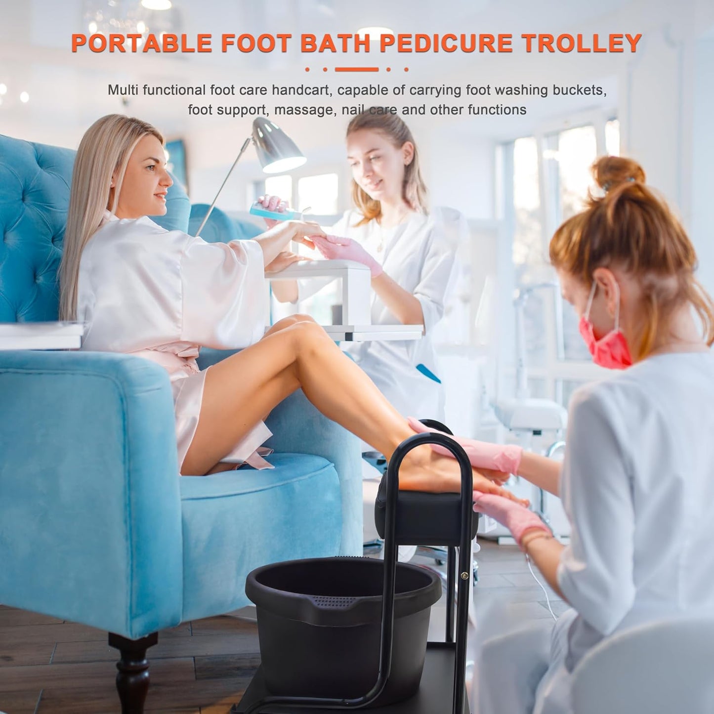 Portable Nail Foot Bath Spa Trolley Cart - Adjustable Height PU Cushion | Black Esthetician Furniture