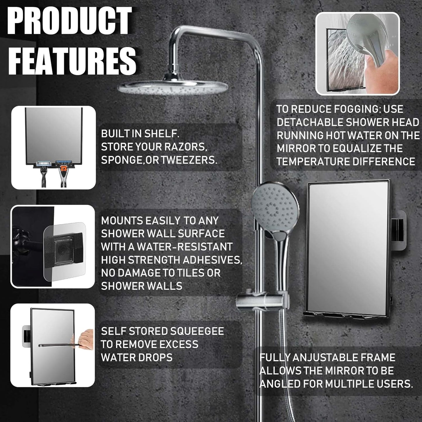 Shower Mirror for Shaving & Washing Face - 360° Adjustable with Razor Holders | Easy Install Bathroom Accessory