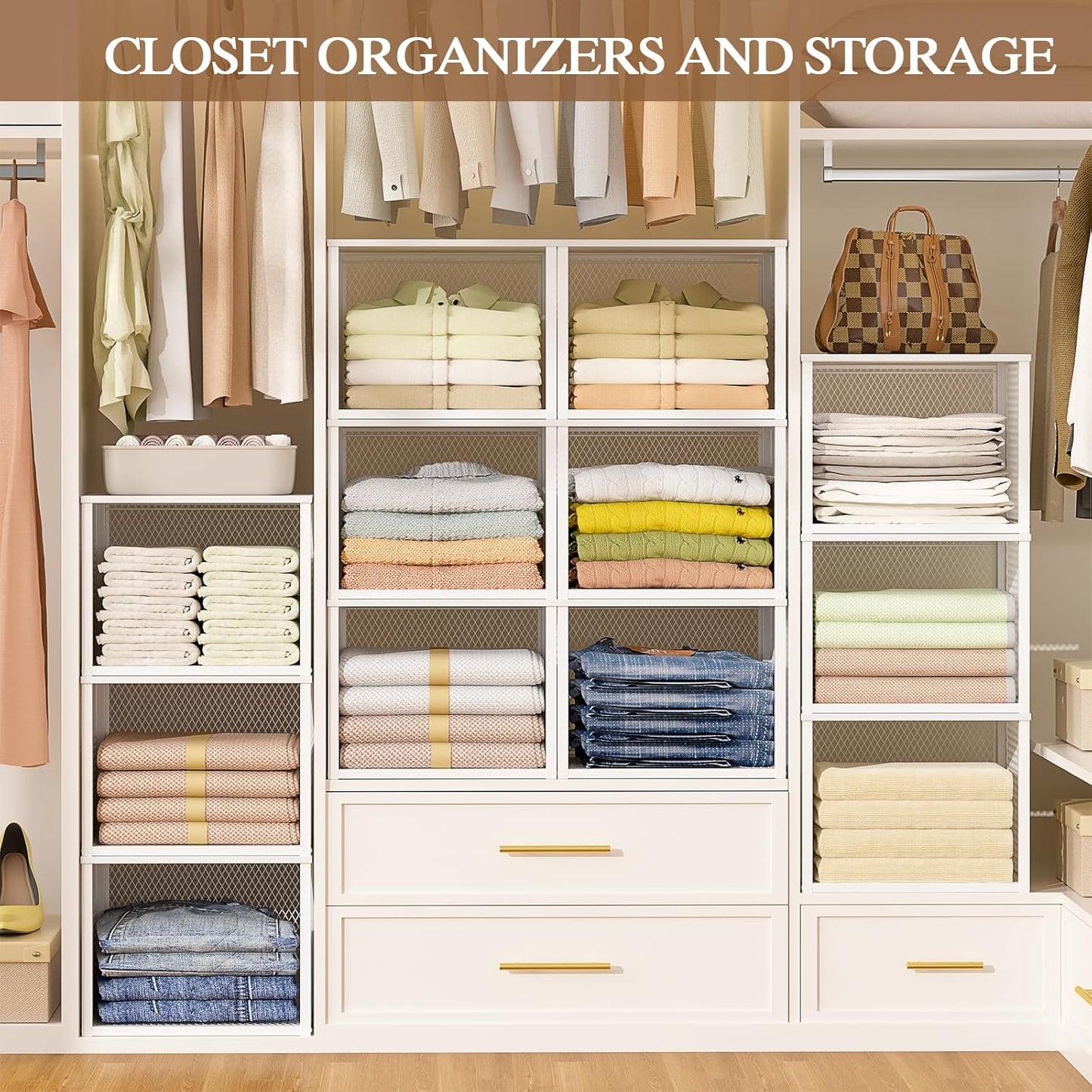 Stackable Closet Organizers - 3 Pack Storage Baskets with Wood Top | Multifunctional Clothes Organizer for Wardrobe, Kitchen, Laundry Room - White