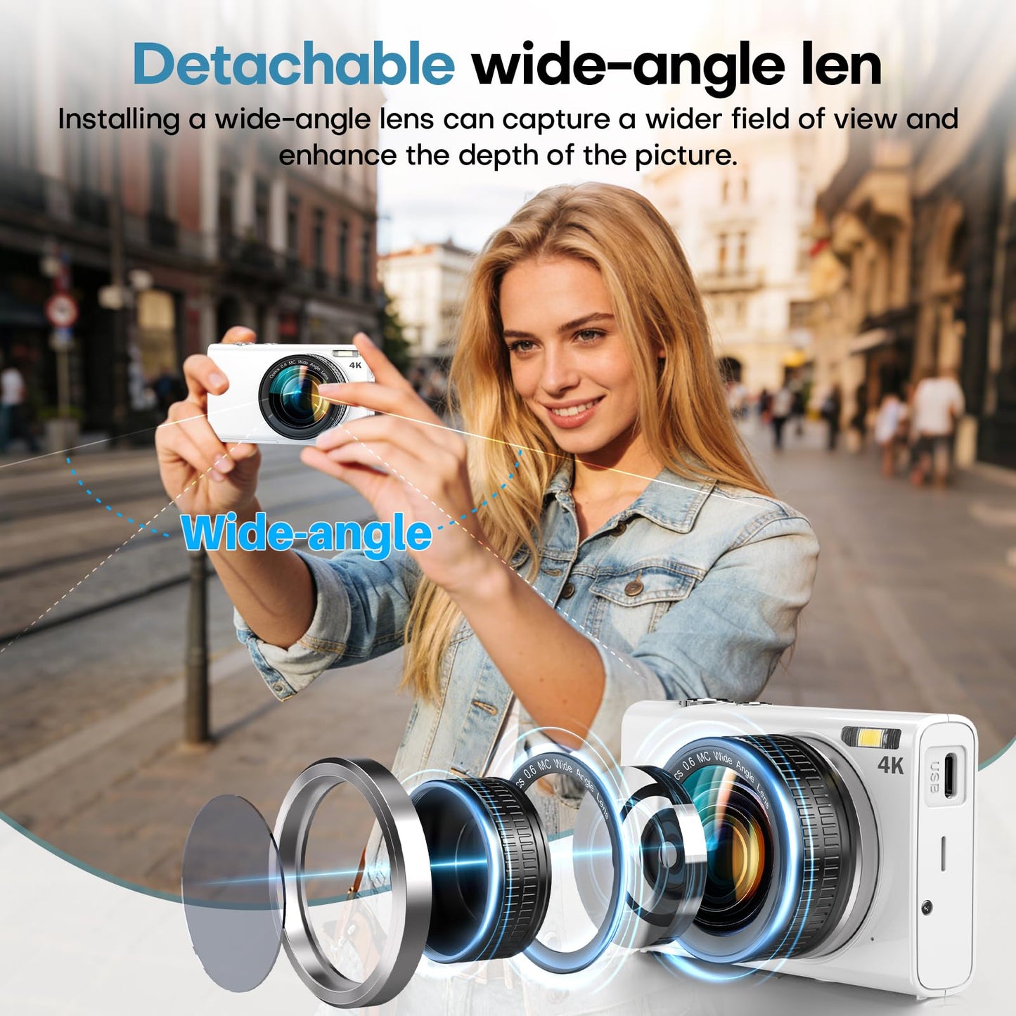 Digital Camera, 4K Digital Camera with Wide Angle Lens, 64MP Autofocus 16X Digital Zoom YouTube Compact Point Shoot Vlogging Camera for Teens/Beginners, 32GB Card, 2 Batteries(White)