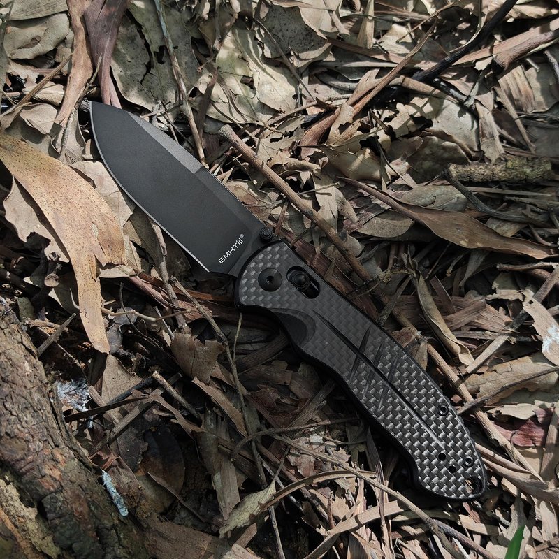 EMHTiii D2 Steel Folding Pocket Knife with Reversible Clip: 3.14" Drop Point Blade, Crossbar Axis Lock, G10 Carbon Fiber Handle, EDC Knives Camping for Men Women E037, Black
