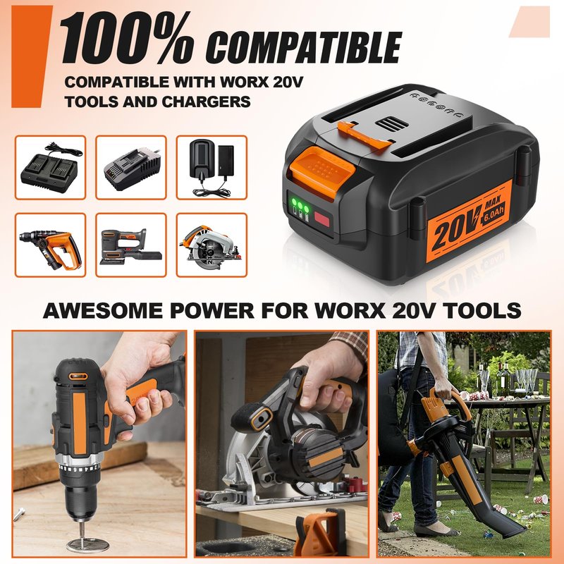 NEPOWILL 2Packs 20V 6.0Ah Replacement for Worx 20V Battery, Compatible with Worx Battery WA3578 WA3575 WA3520 WA3525 Fit for 20V Cordless Tools WG630, WG322, WG543, WG163
