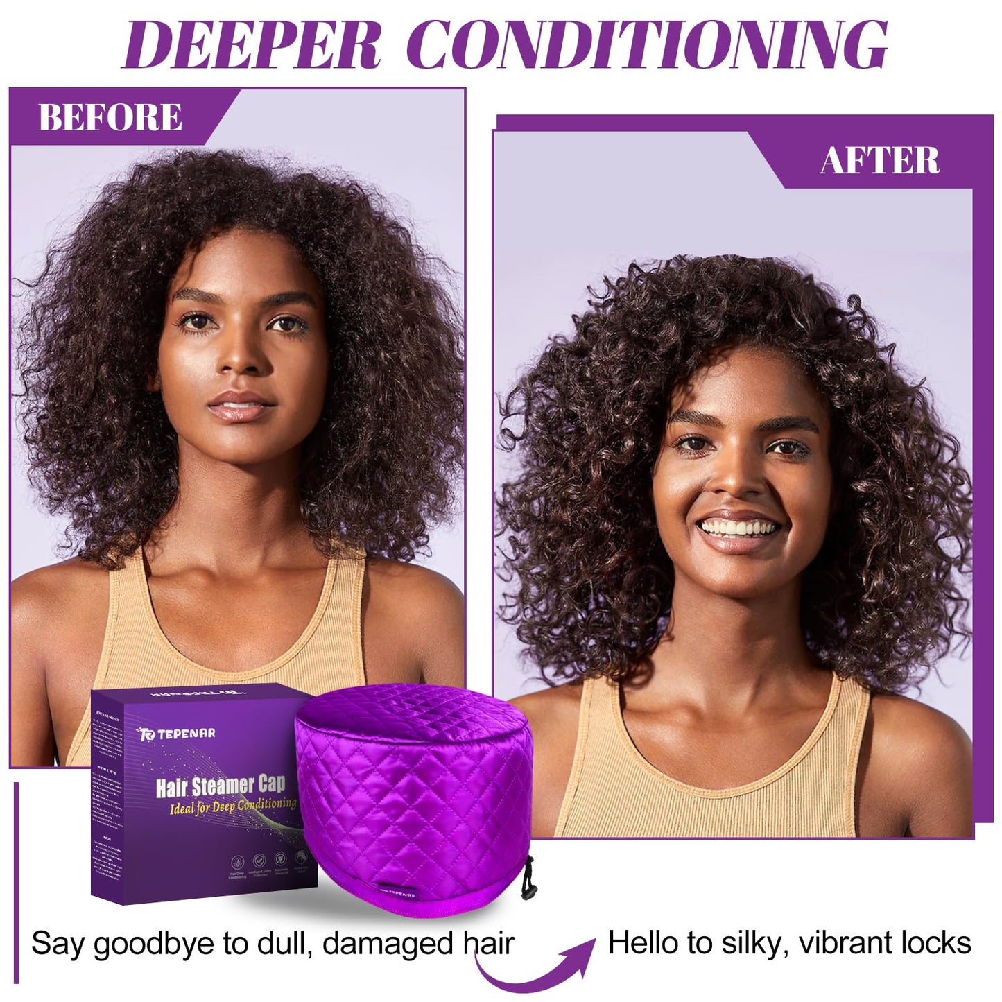 TEPENAR Hair Steamer for Deep Conditioning: Upgraded Heat Cap with 10-Level Fast Heating 3 Time Settings for Natural Hair Portable Thermal Steam Cap for Home Hair Treatment - Purple
