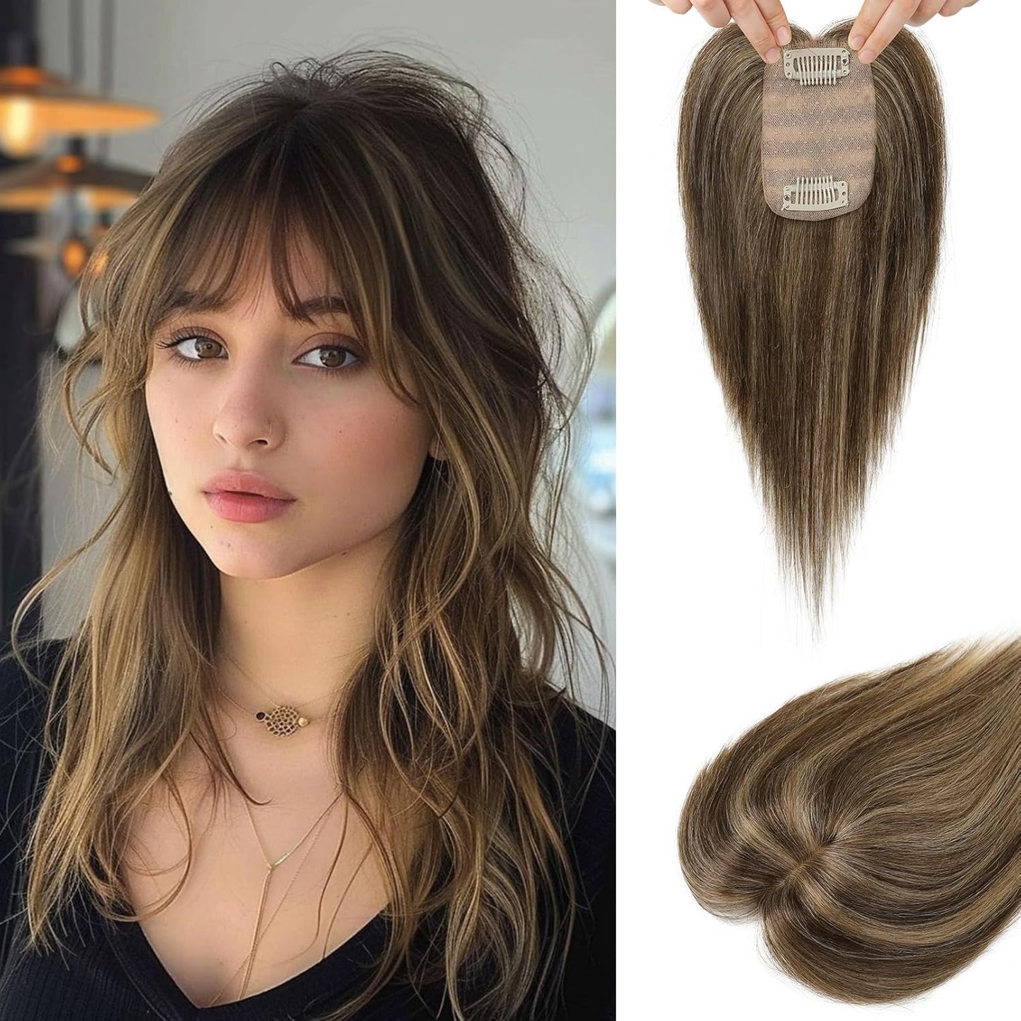 Real Human Hair Toppers for Women - 10 Inch Clip-In Bangs | 150% Density Silk Base - Medium Brown with Blonde Highlights