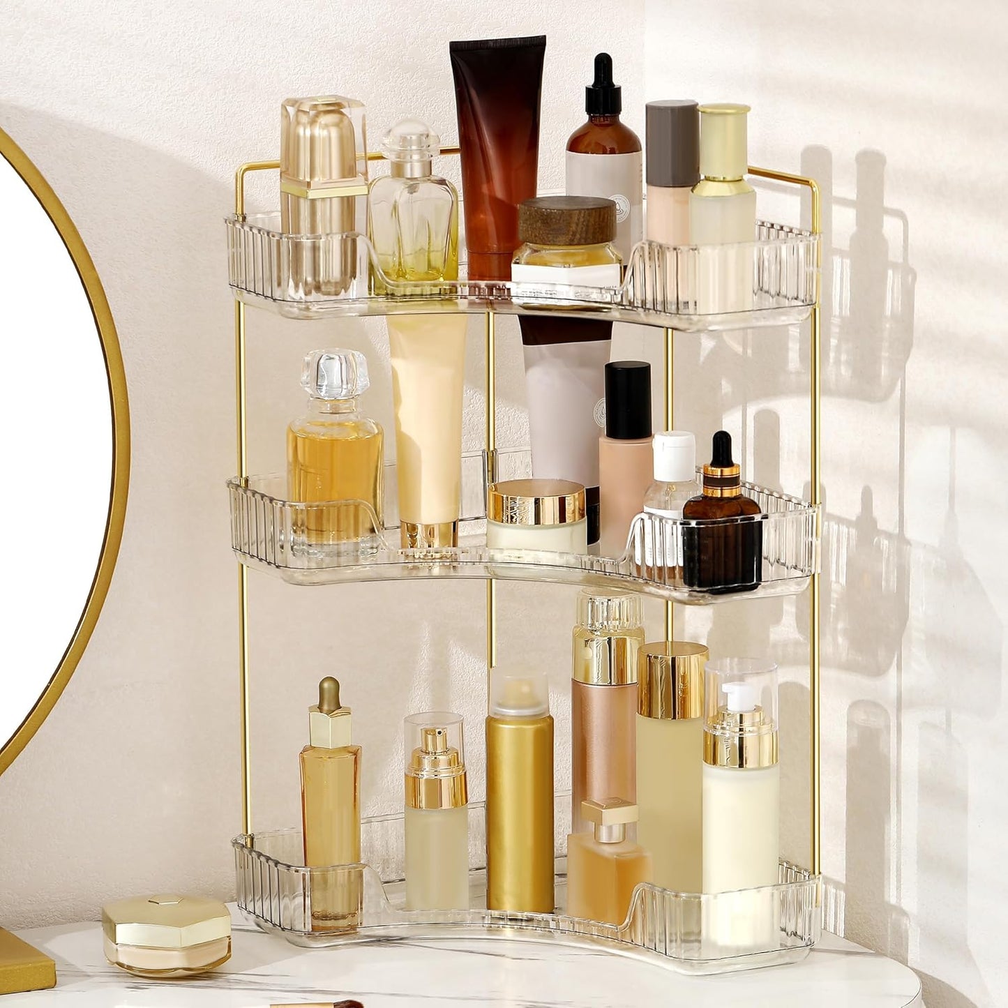 3 Tier Corner Bathroom Organizer - Stylish Makeup & Perfume Shelf for Vanity | Grey