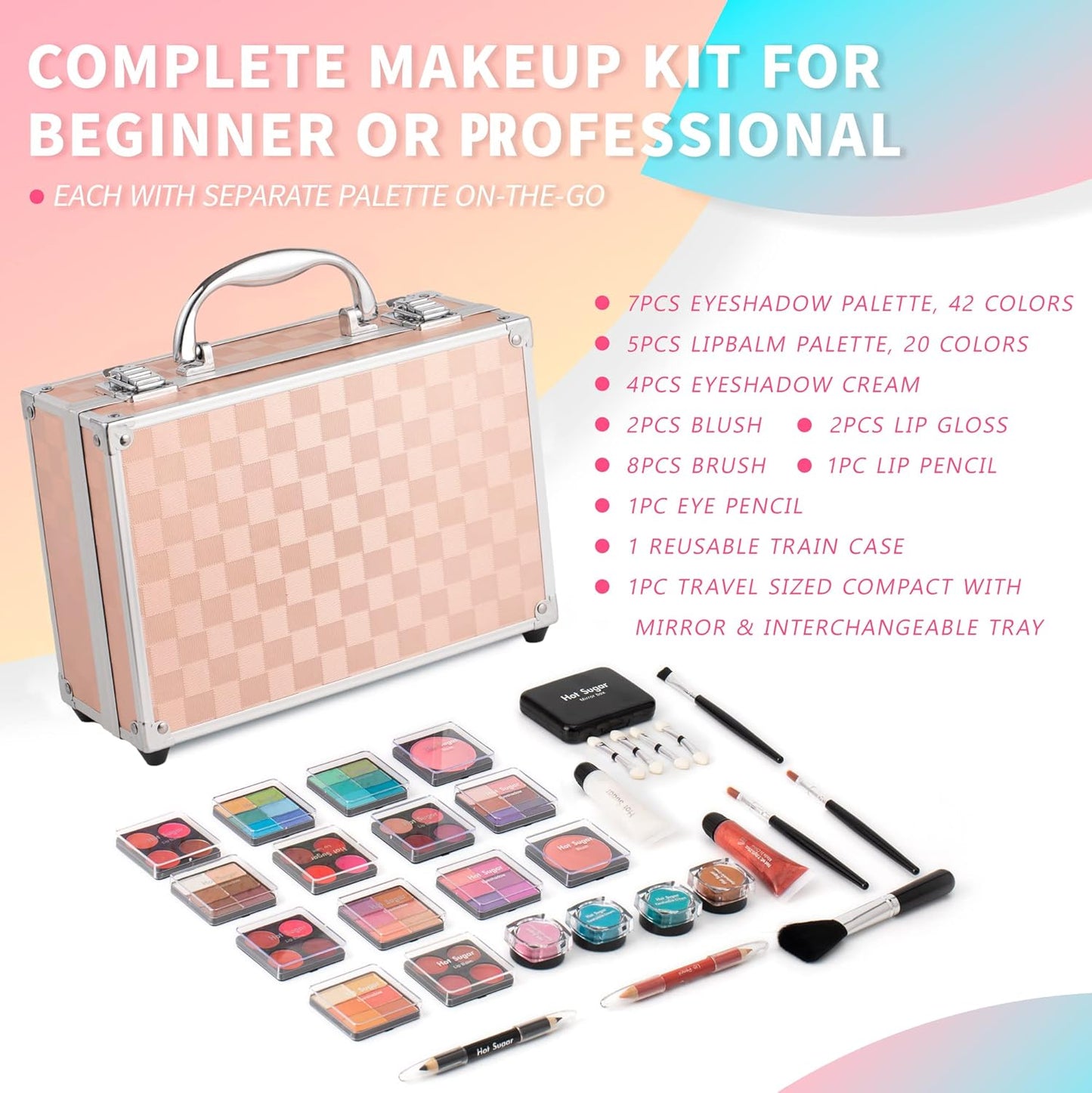 Makeup Kit for Teen Girls - Complete Starter Cosmetics Set with Eyeshadow, Lip Balm, Blush, Gloss & Mirror | Gold Check