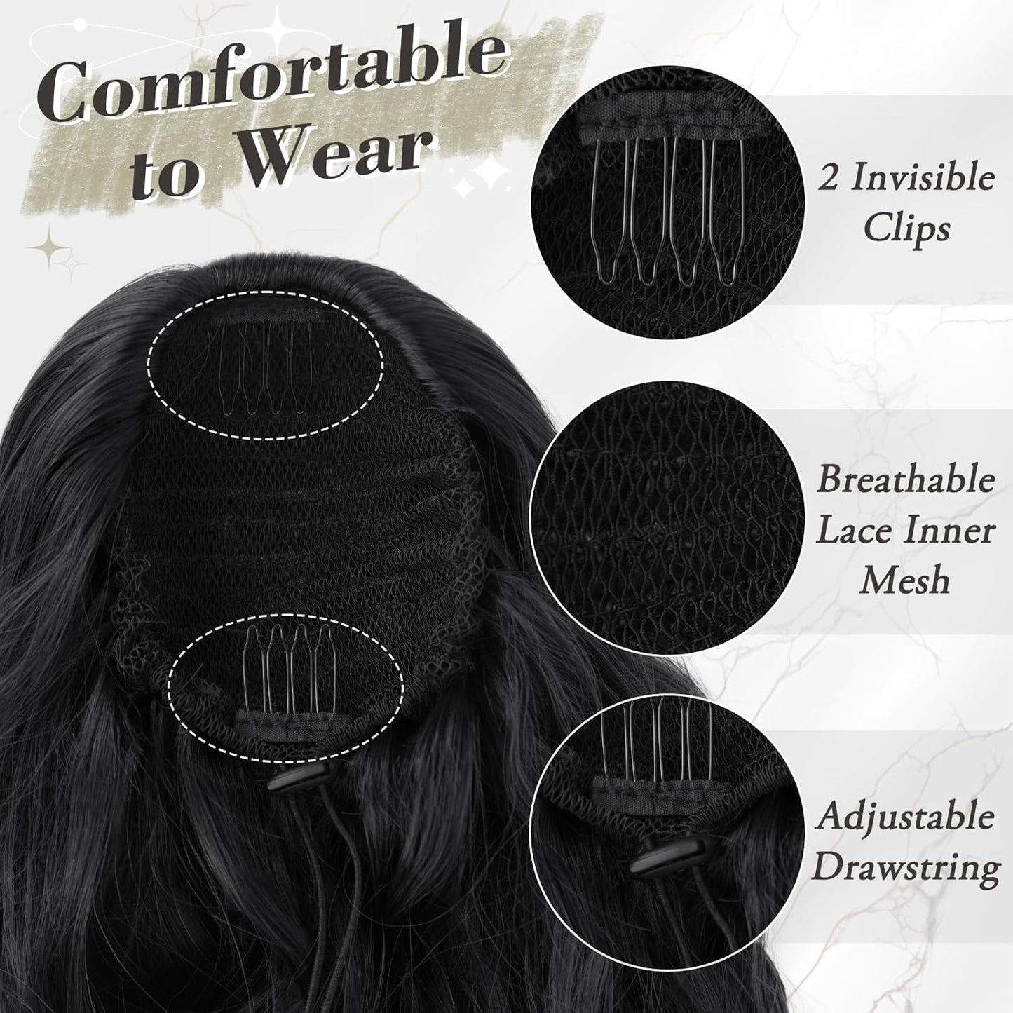 Black Ponytail Extensions - 26-Inch Long Wavy Drawstring Ponytails for Women | Synthetic Clip-In Hairpieces