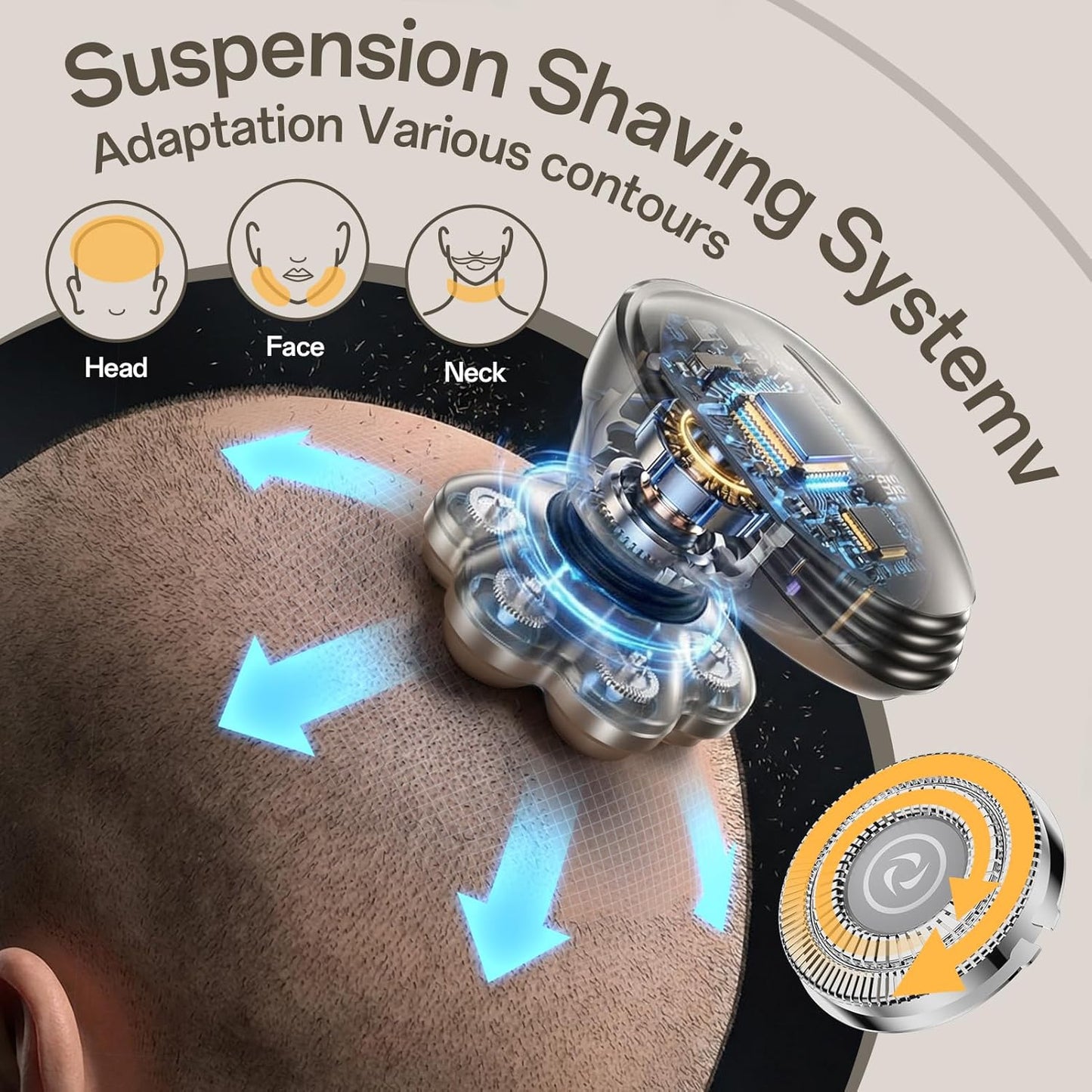 Electric Head Shaver for Bald Men - 7D Magnetic Waterproof Razor | 5-in-1 Grooming Kit (Gray)