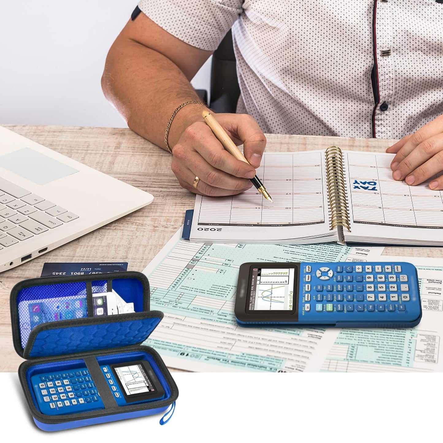 Graphing Calculator Case Compatible with Texas Instruments TI-84 Plus CE/TI-83 Plus CE, Hard Storage Holder for Students, School & Library Study, Mesh Pockets,Pen Holder Hand Strap Case Only Blue