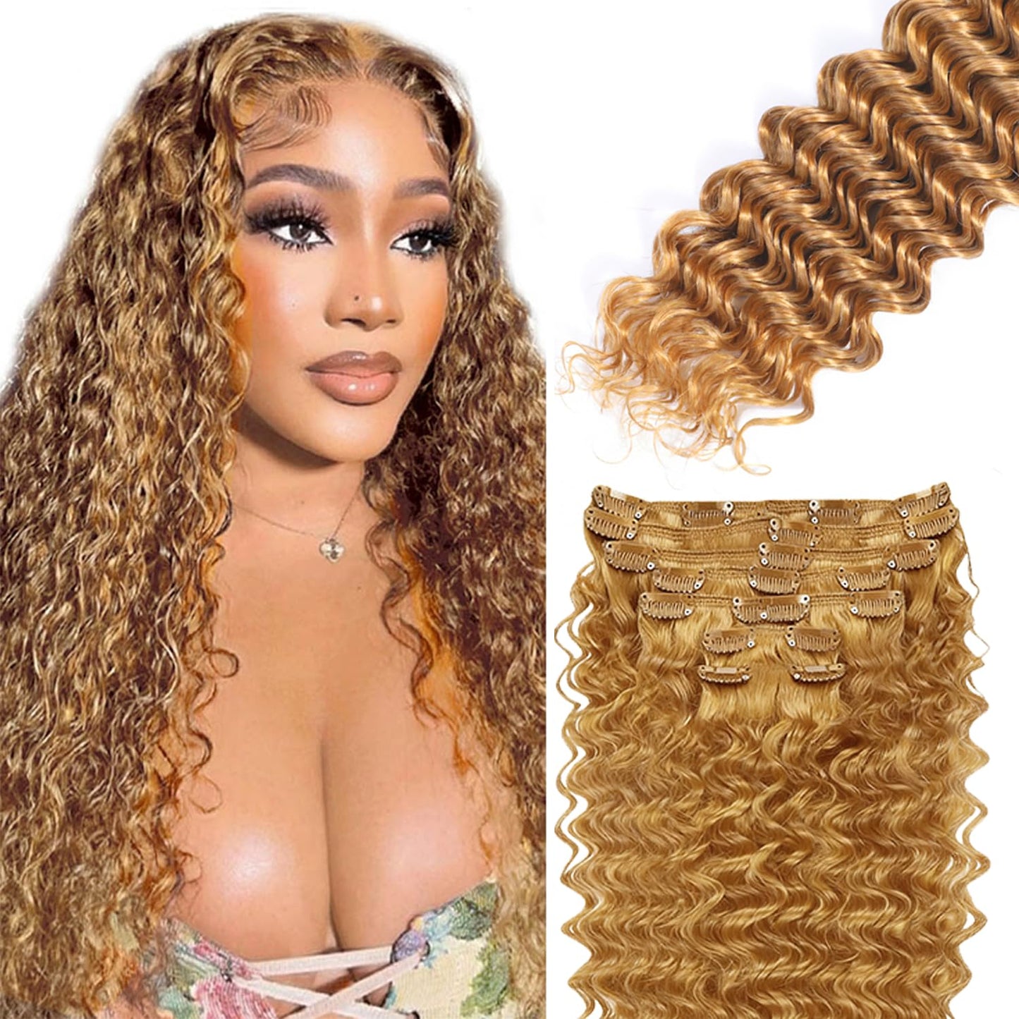 #27 Blonde Clip in Hair Extensions Real Human Hair,30 Inch 120g/7Pcs,Full Shine Remy Human Hair,Honey Blonde Deep Wave Clip ins Brazilian Virgin Human Hair Extensions