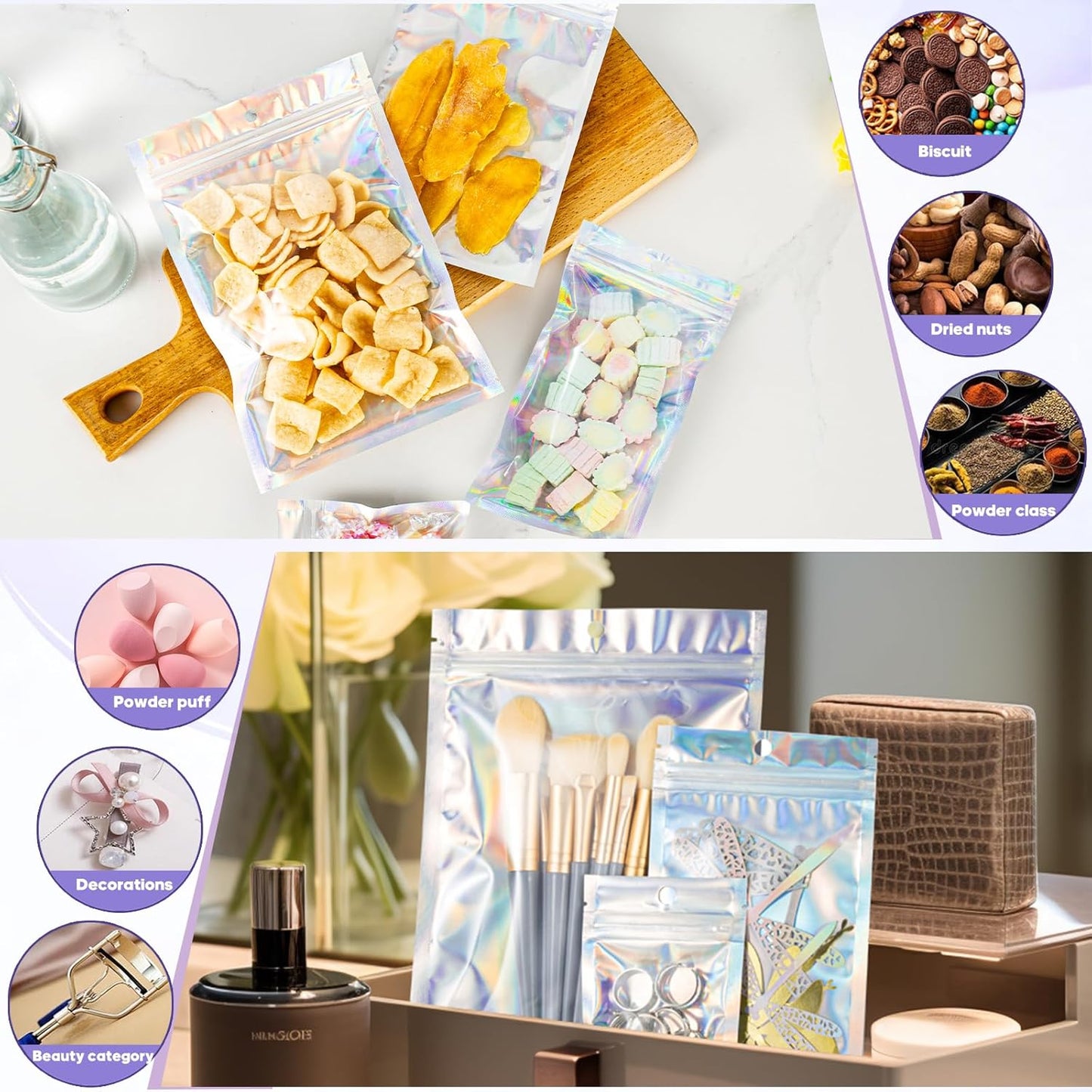 Holographic Resealable Foil Pouch Bags - Mylar Sample Bags for Food Storage | 50 Pcs, 6x9 Inch