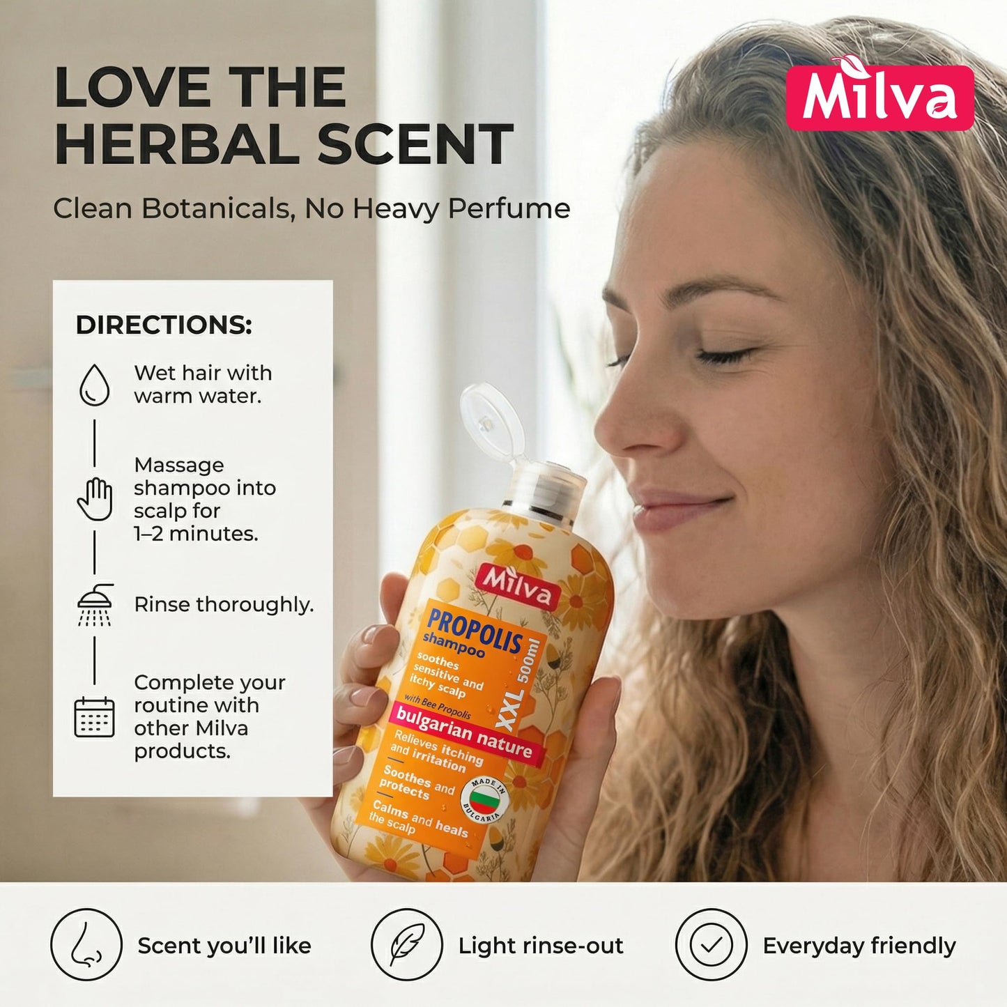 Milva Itchy Scalp Shampoo with Propolis - 6.7 Fl Oz Honey Bee Propolis Shampoo - Itchy Scalp Treatment & Anti Dandruff - Strengthens, Prevents Breakage & Protects Hair - Made in Bulgaria - 200ml