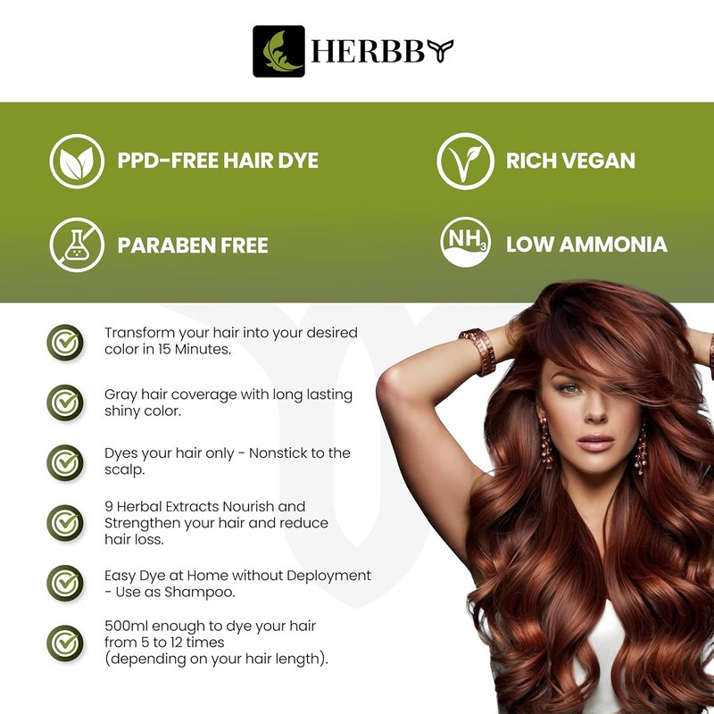 HERBBY Hair Color Shampoo - Gray Hair Coverage & Color Transformation with 9 Herbal Extracts | Auburn Brown, 500ml