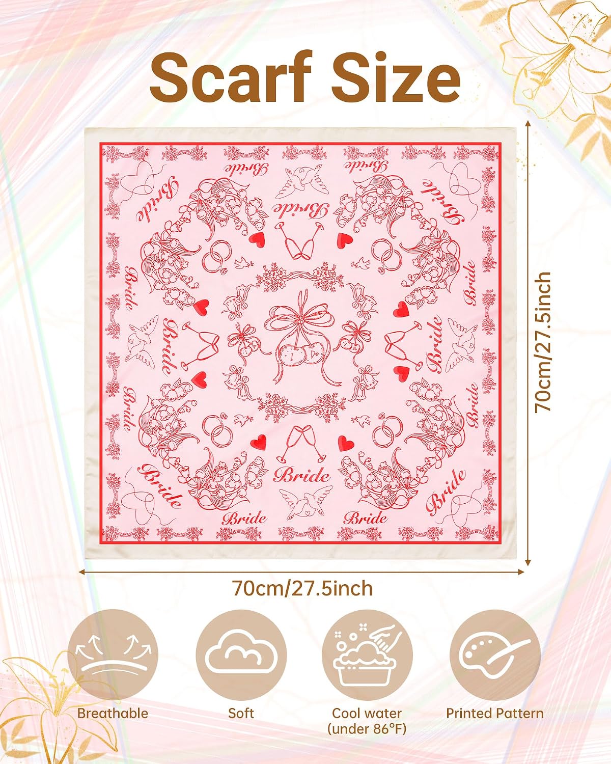 Bride Head Scarf - Bachelorette Party Bandana | 27.5" Square Satin Handkerchief for Weddings & Events