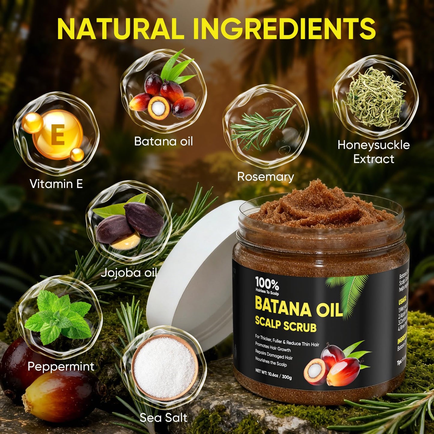 Batana Oil Scalp Scrub for Hair Growth, Organic Batana for Nourishes Hair with Rosemary, Scalp Oil Promotes Hair Thickness, Prevents Loss for Men & Women, Hairs Scrub with Scrubber, 10.6 oz