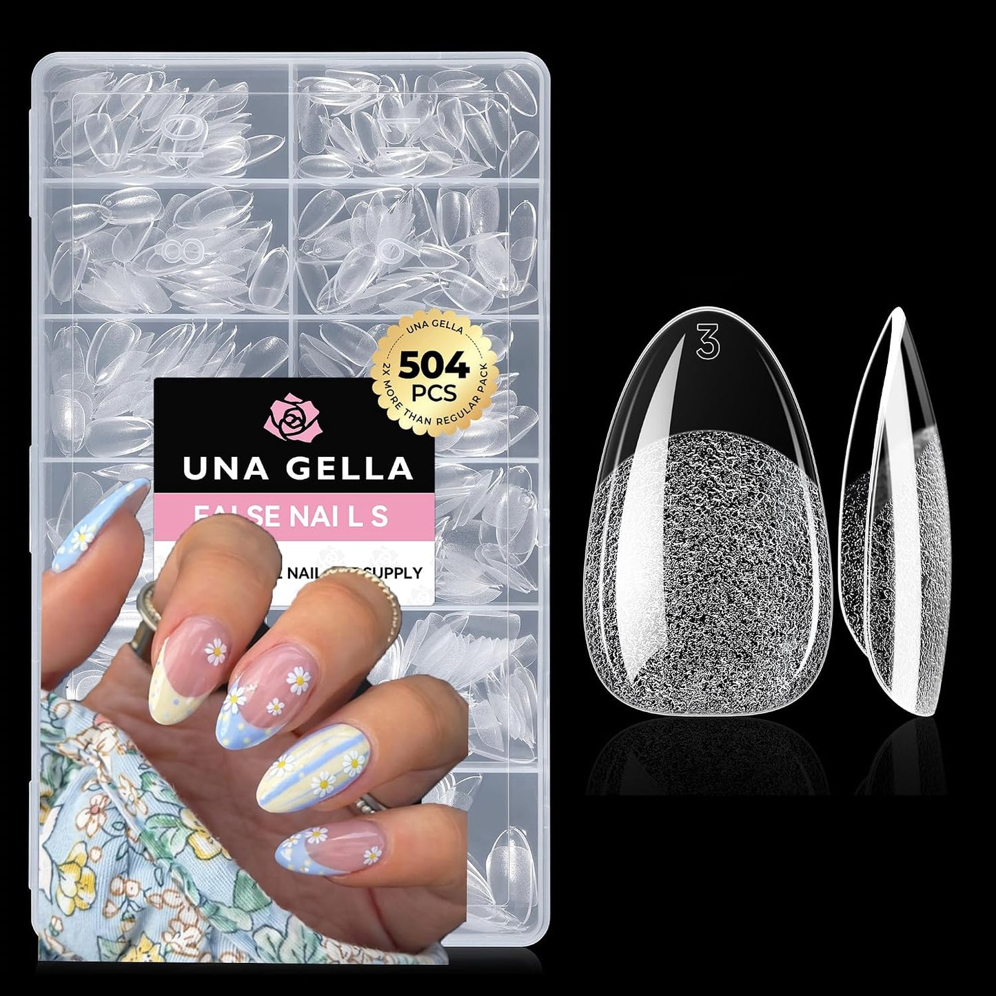 Medium Stiletto Press-On Nails - 504 Pcs Clear Gel Nail Tips | Full Cover Pre-Etched Acrylic, 12 Sizes Available