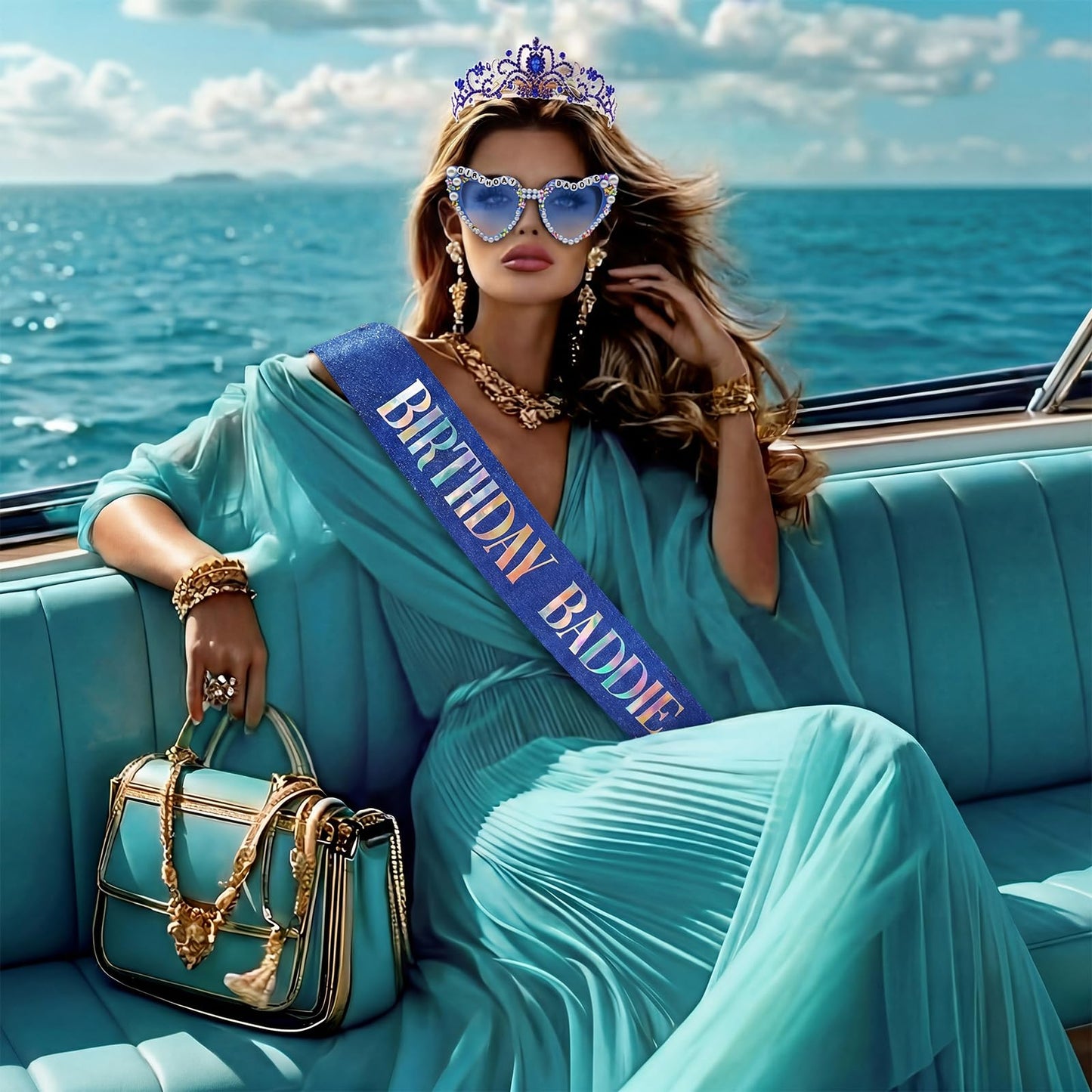 PcwBcn Birthday Baddie Glasses, Dark Blue Birthday Queen Sash Tiara Crown for Women Girls, 3 Pcs Elegant Princess Headband Hair Accessories Happy Birth Party Decorations 21st-90th Mom Birth Gifts