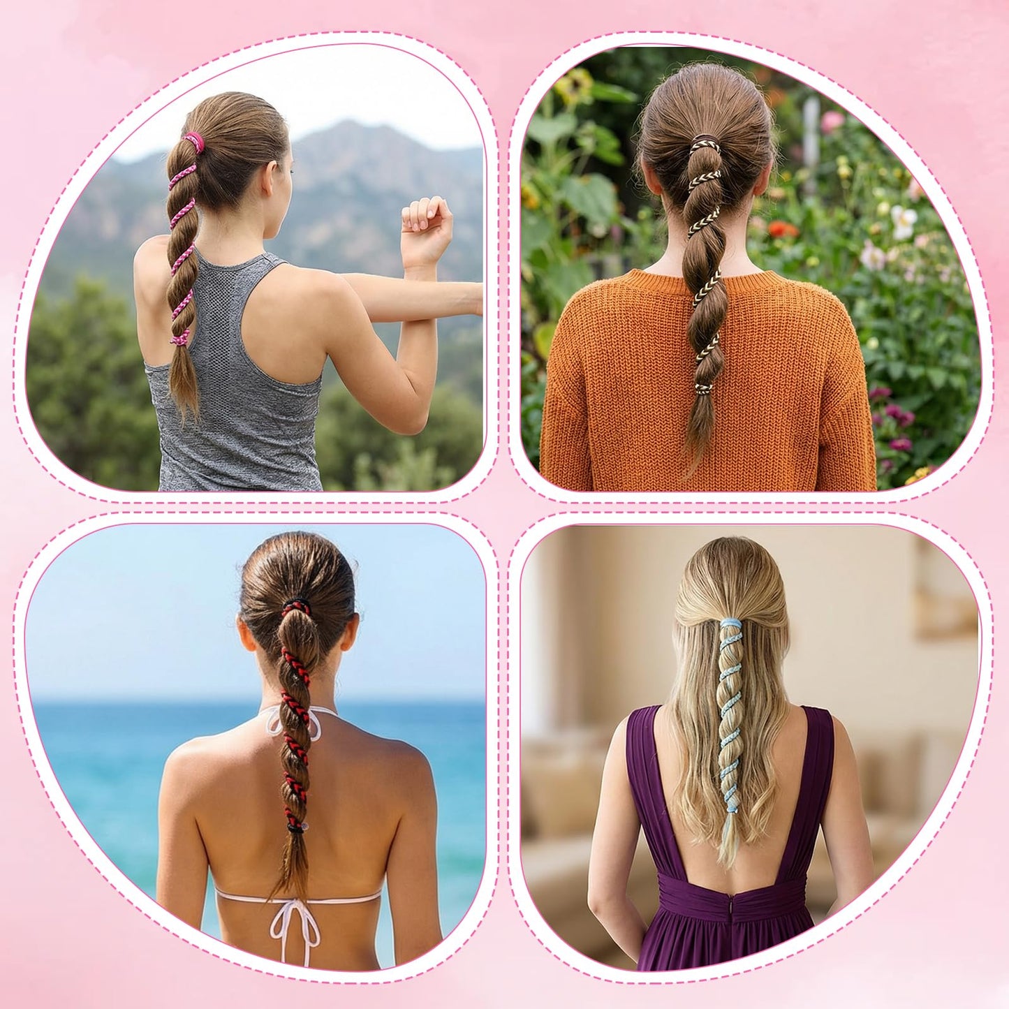JJUNW 4Pcs Elastic Ponytail Holders for Women, Spiral Braided Hair Ties, Snag Free Coil Hair Ties for Fine Thick Curly Hair, for Swimming Sports Gym Diving Surf Motorcycle
