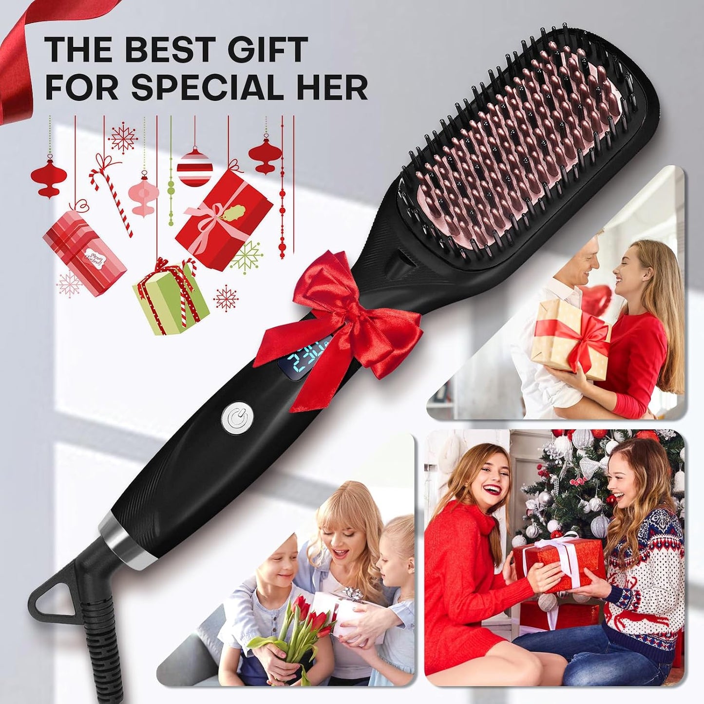 Hair Straightener Brush - Ceramic Ionic Hair Straightener Comb for Women | 20s Fast Heating | 2-in-1 Flat Iron & Brush, Black