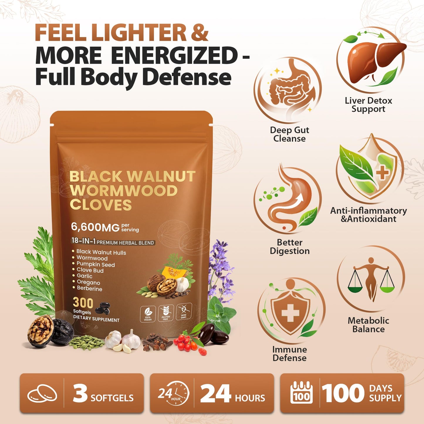 18-in-1 Wormwood Black Walnut Clove Parasite Cleanse | Gut Cleanse & Detox ,Digestive Balance with Garlic, Turmeric, Pumpkin Seed, Oregano, Berberine | Soy-Free,Gentle Nourishing Gut Formula,300 ct
