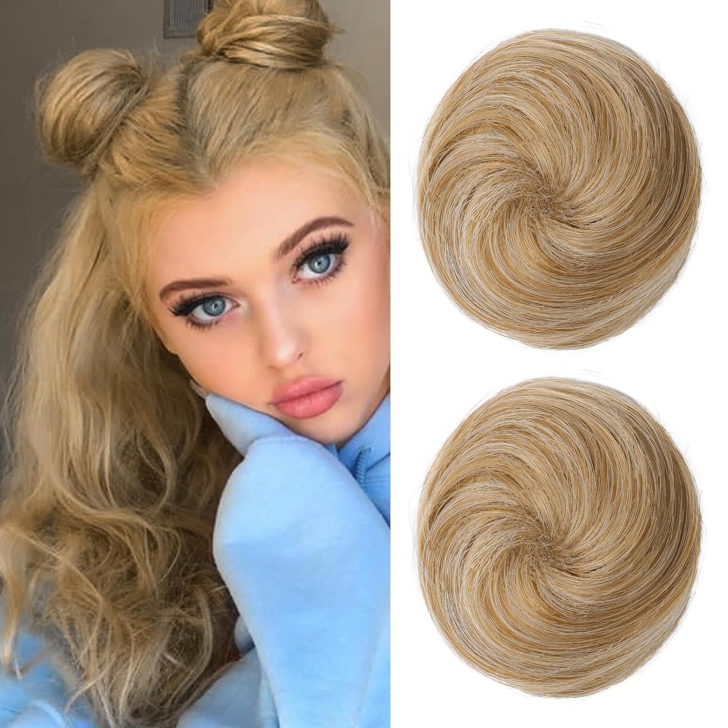 REECHO Mini Claw Clips - Messy & Cat Ears Hair Bun Extensions | 2-Pack, 3.5" Wavy, Natural Black