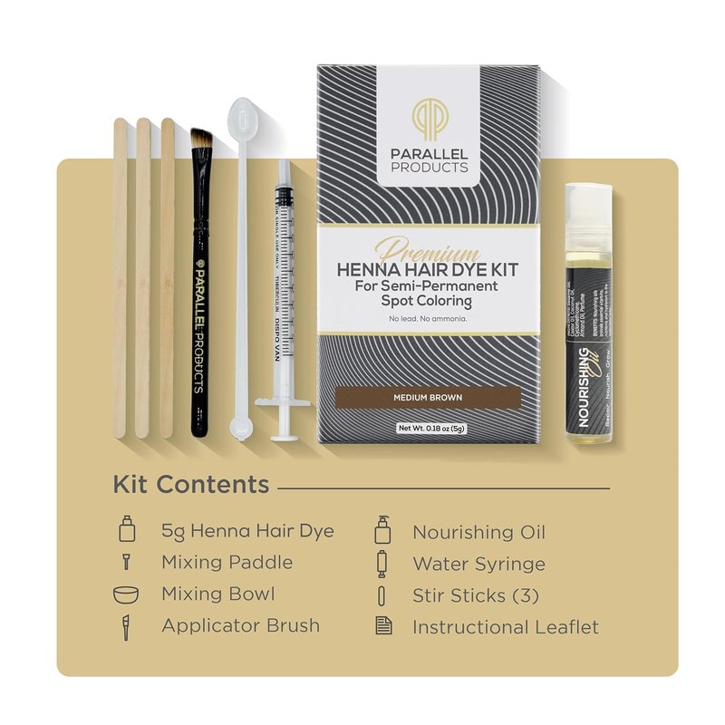 Henna Hair Dye Kit for Professional Spot Coloring - Nourishing Oil, Mixing Dish & Brush Included | 5g Medium Brown