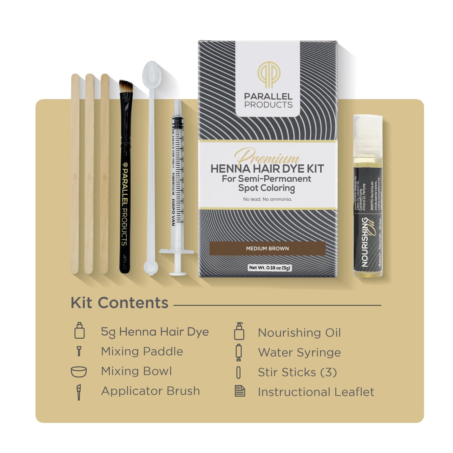 Parallel Products Spot Color Henna Kit - Henna Hair Dye - 5 grams - Tint for Professional Spot Coloring - With Nourishing Oil, Mixing Dish and Application Brush - Root Touch Up (Medium Brown)