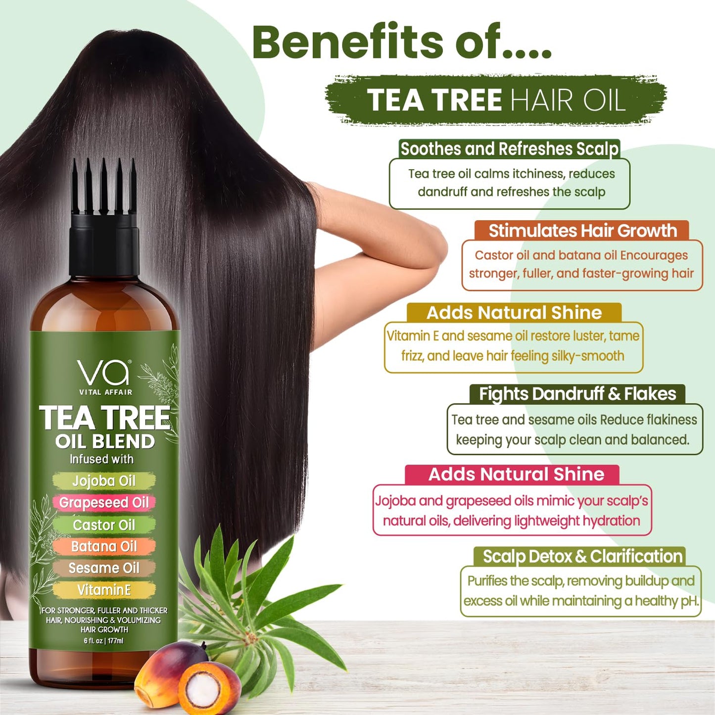 Tea Tree Oil Hair Treatment - Jojoba & Castor Oil Blend for Dandruff Relief - 6 Fl Oz | Strengthens & Volumizes Hair