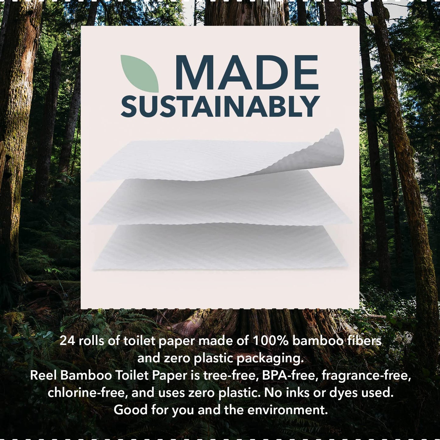 Reel Premium 3-Ply Bamboo Toilet Paper, Unbleached - 12 Rolls, 300 Sheets per Roll - Non-Toxic, Chemical & Bleach Free Toilet Paper - Tree-Free, Septic Safe - Bath Tissues with Zero Plastic Packaging