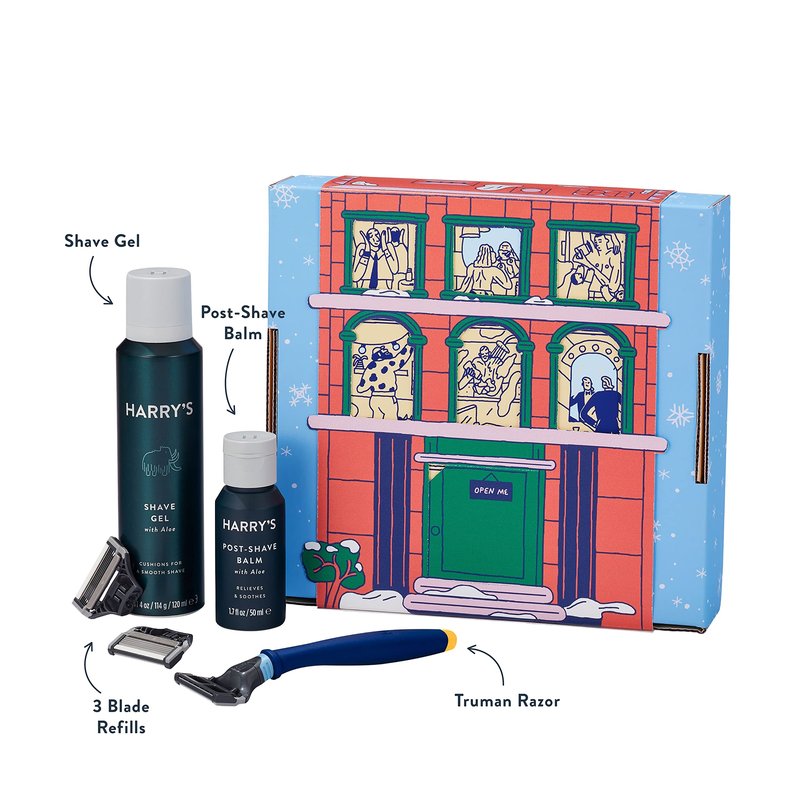 Harry's Original Holiday Shaving Gift Set for Men - Razor Handle, 3 Razor Blade Refills, Foaming Shave Gel, and Post-Shave Balm - German Engineered - Evening Blue