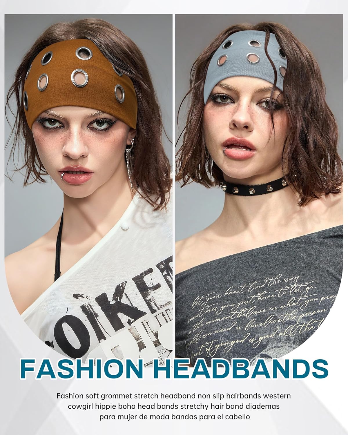 Fashion Grommet Wide Headbands for Women - Y2K Punk Grunge Style | 3 Pack in Black, Coffee, Light Gray (3.9" Wide)