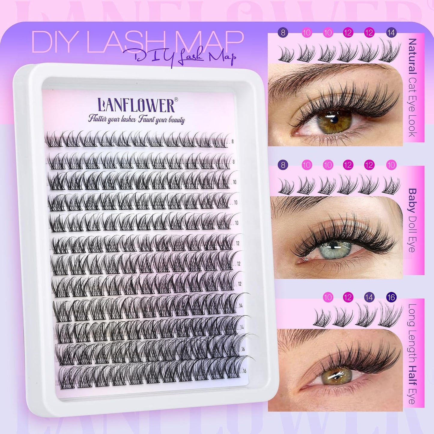 Natural Lash Clusters Kit - Wispy C Curved Eyelash Extensions | 8-16mm Individual Lashes with Bond & Tweezers