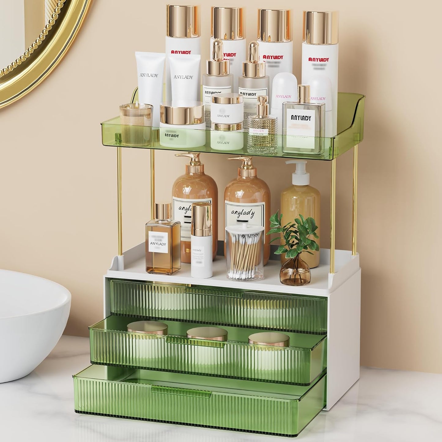 Bathroom Organizer - Sturdy Makeup Storage for Vanity & Countertop | Gold Cosmetic Dresser Organizer