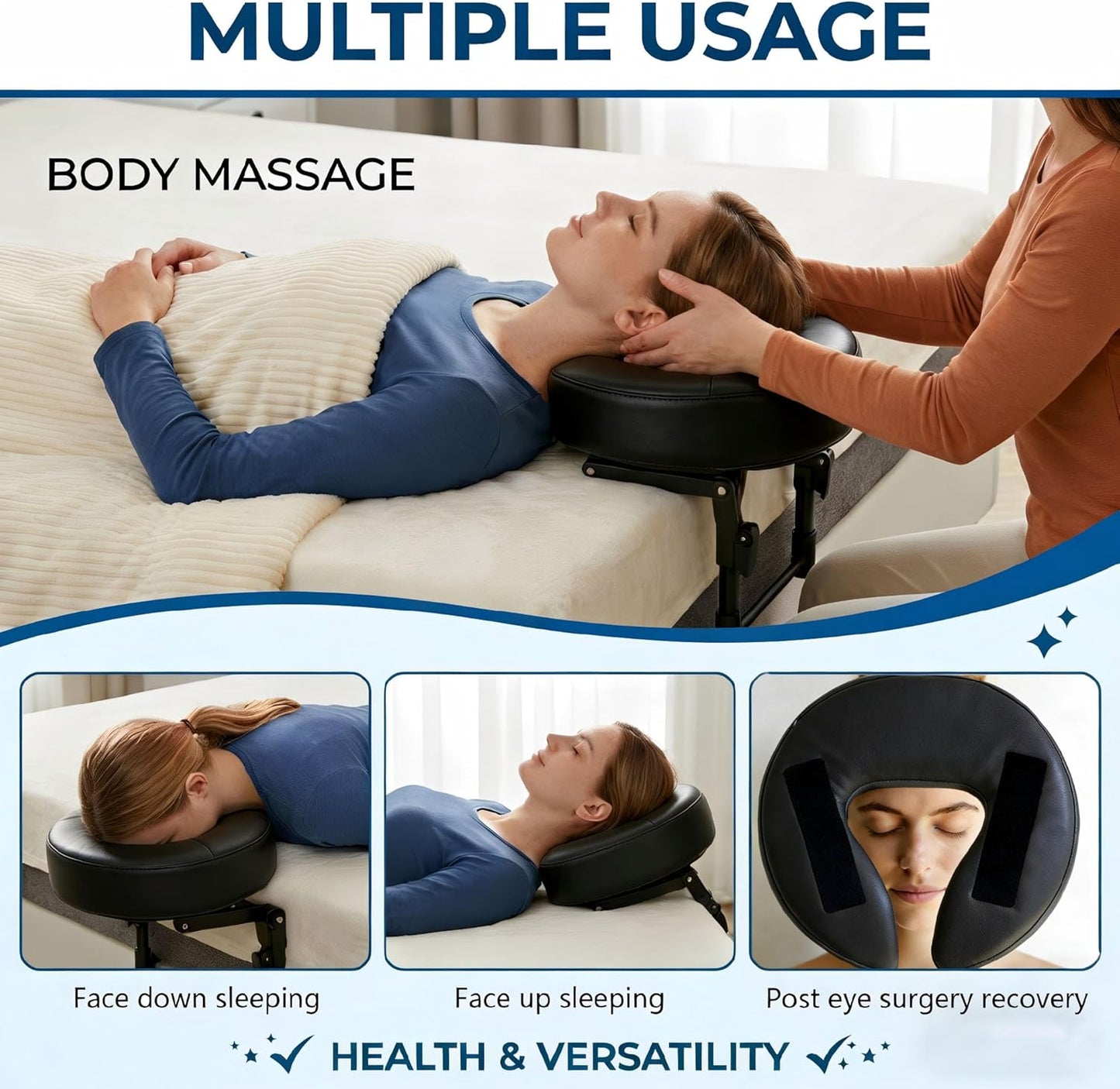Massage Headrest for Bed - Adjustable 18" SPA Face Cradle Cushion | Home Salon Support (Black)
